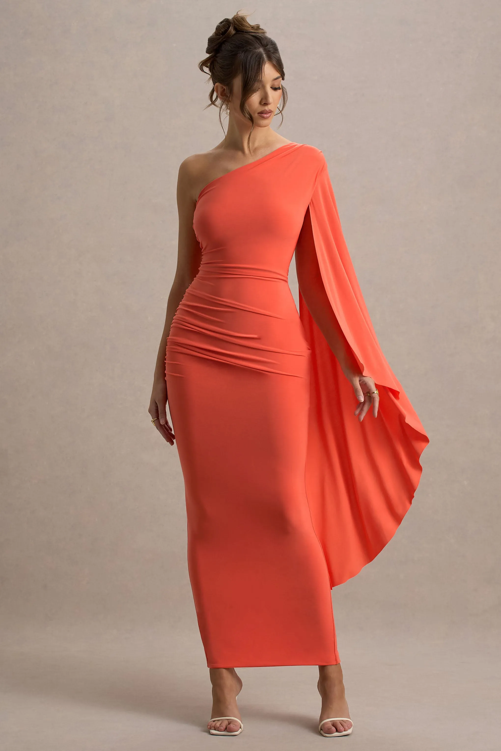 Clementina | Orange Asymmetric Cape Sleeve Maxi Dress sold by Club L London product image thumbnail 4