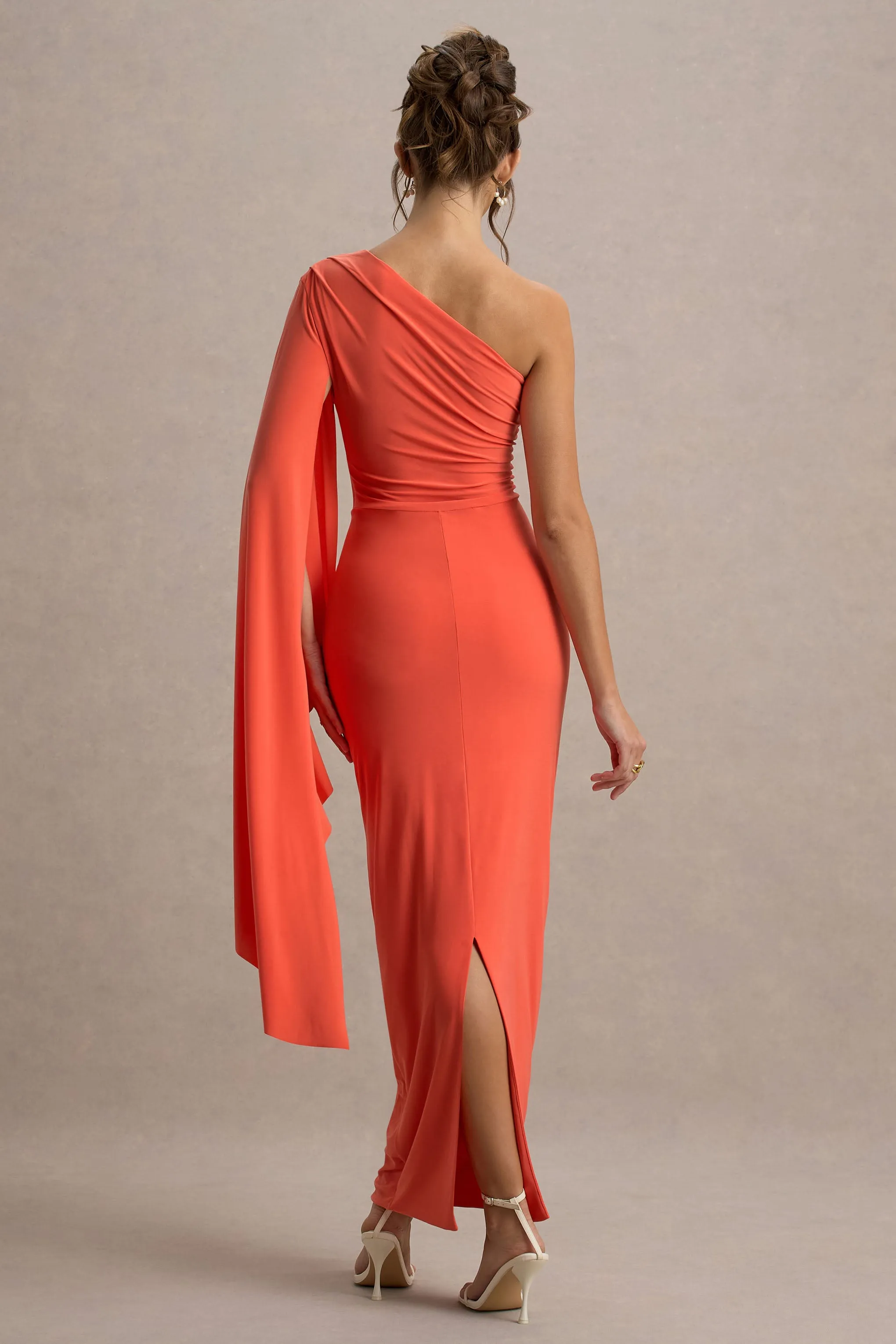Clementina | Orange Asymmetric Cape Sleeve Maxi Dress sold by Club L London product image thumbnail 2