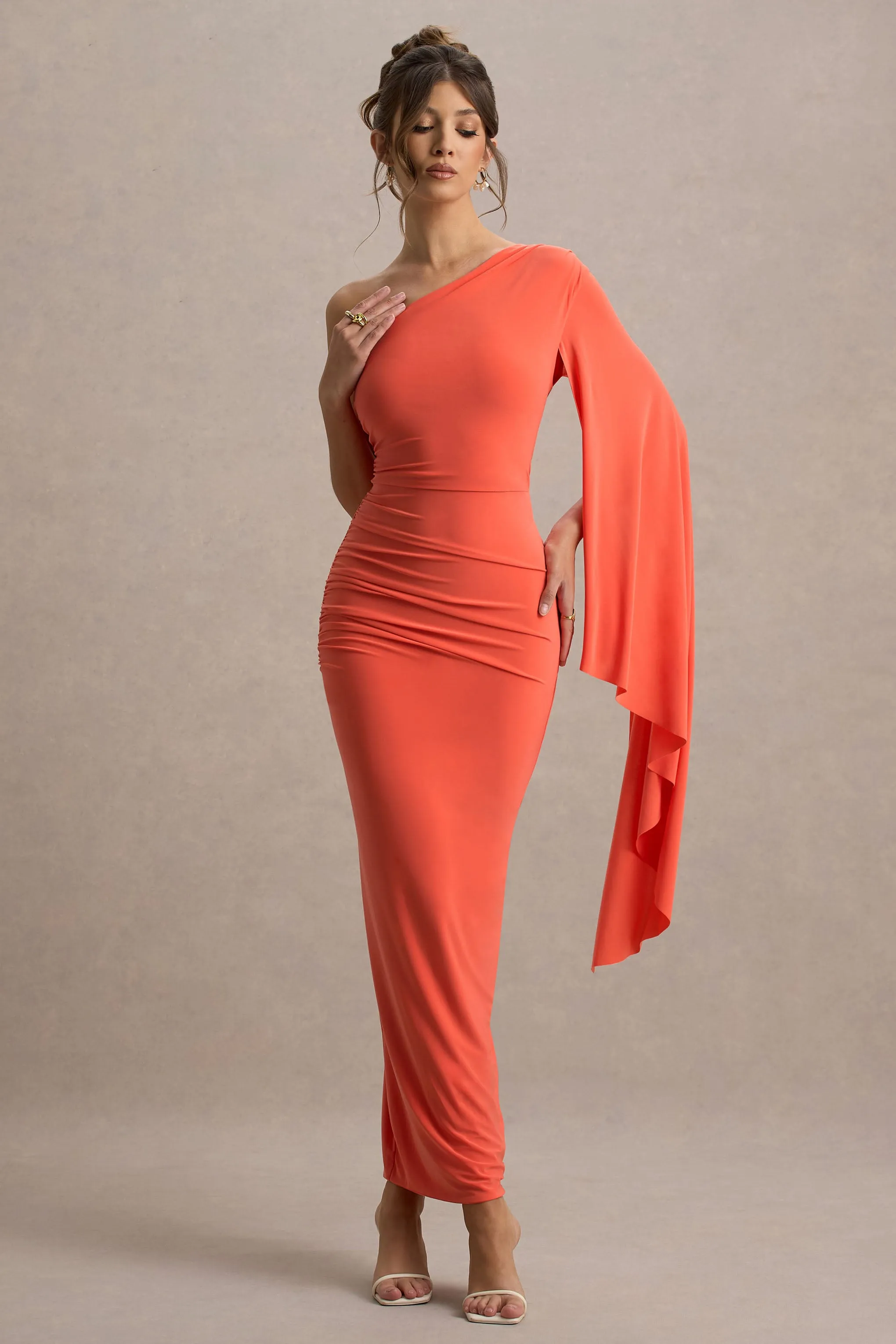 Clementina | Orange Asymmetric Cape Sleeve Maxi Dress sold by Club L London product image thumbnail 5