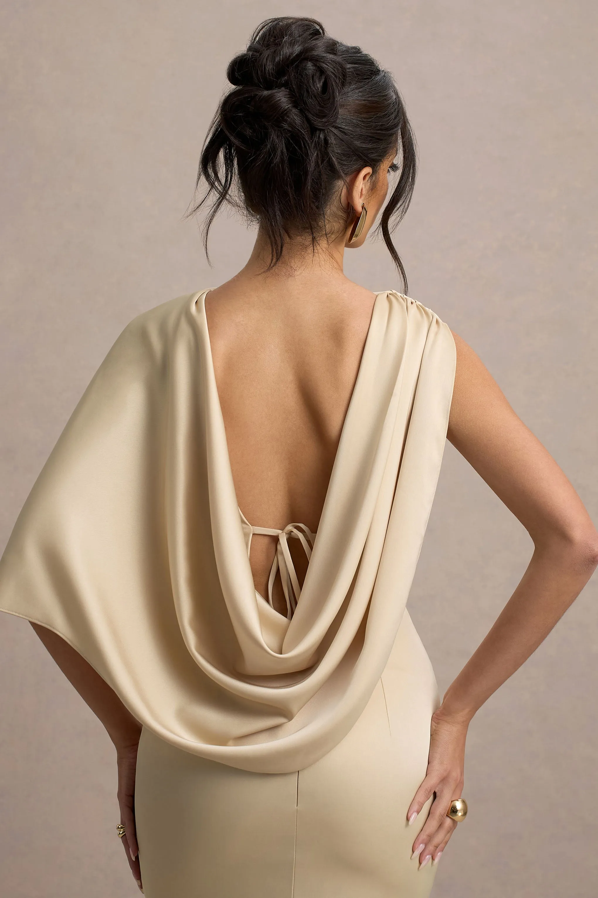 Ambra | Champagne Satin One-Shoulder Cape Maxi Dress sold by Club L London product image thumbnail 4