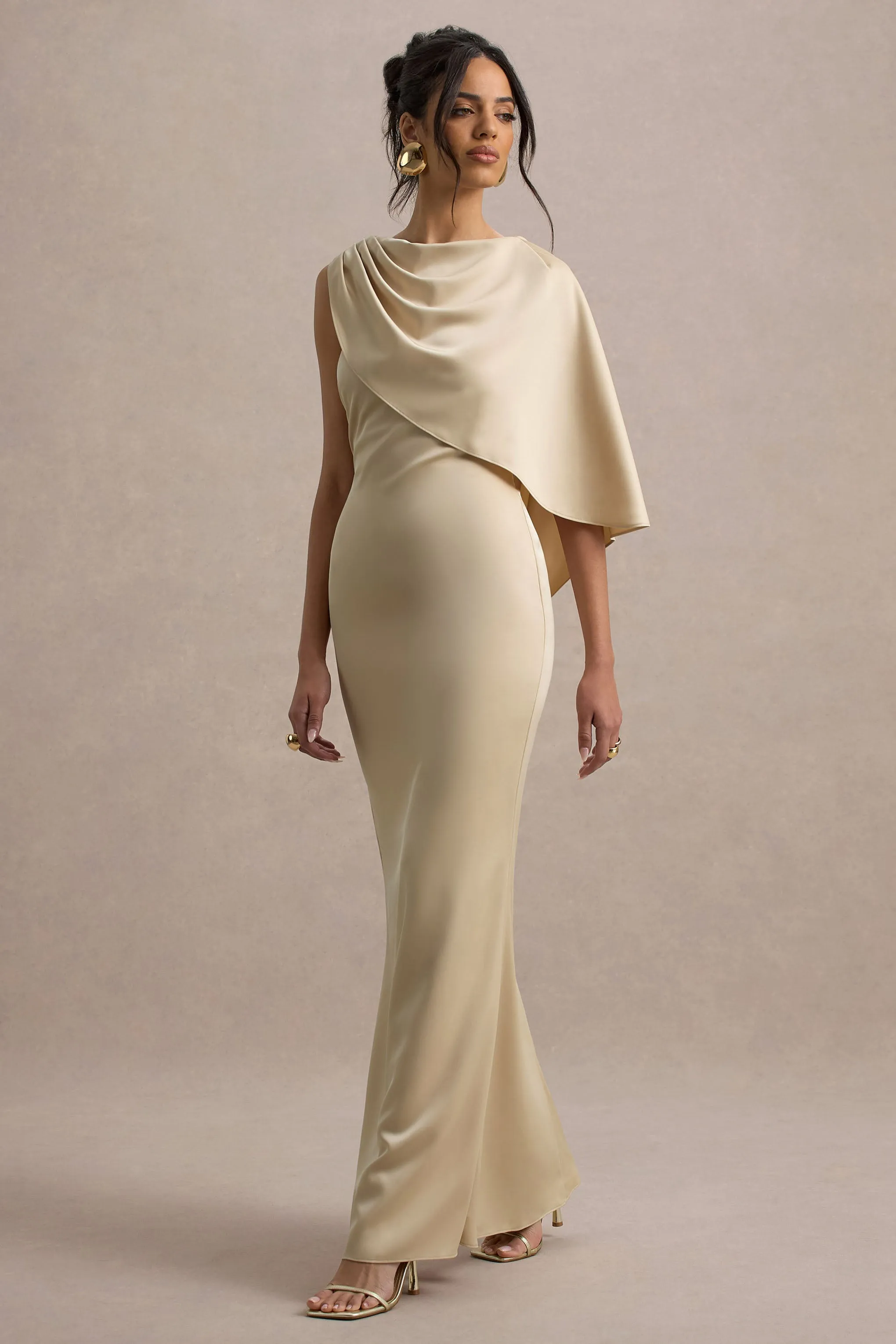 Ambra | Champagne Satin One-Shoulder Cape Maxi Dress sold by Club L London product image thumbnail 5