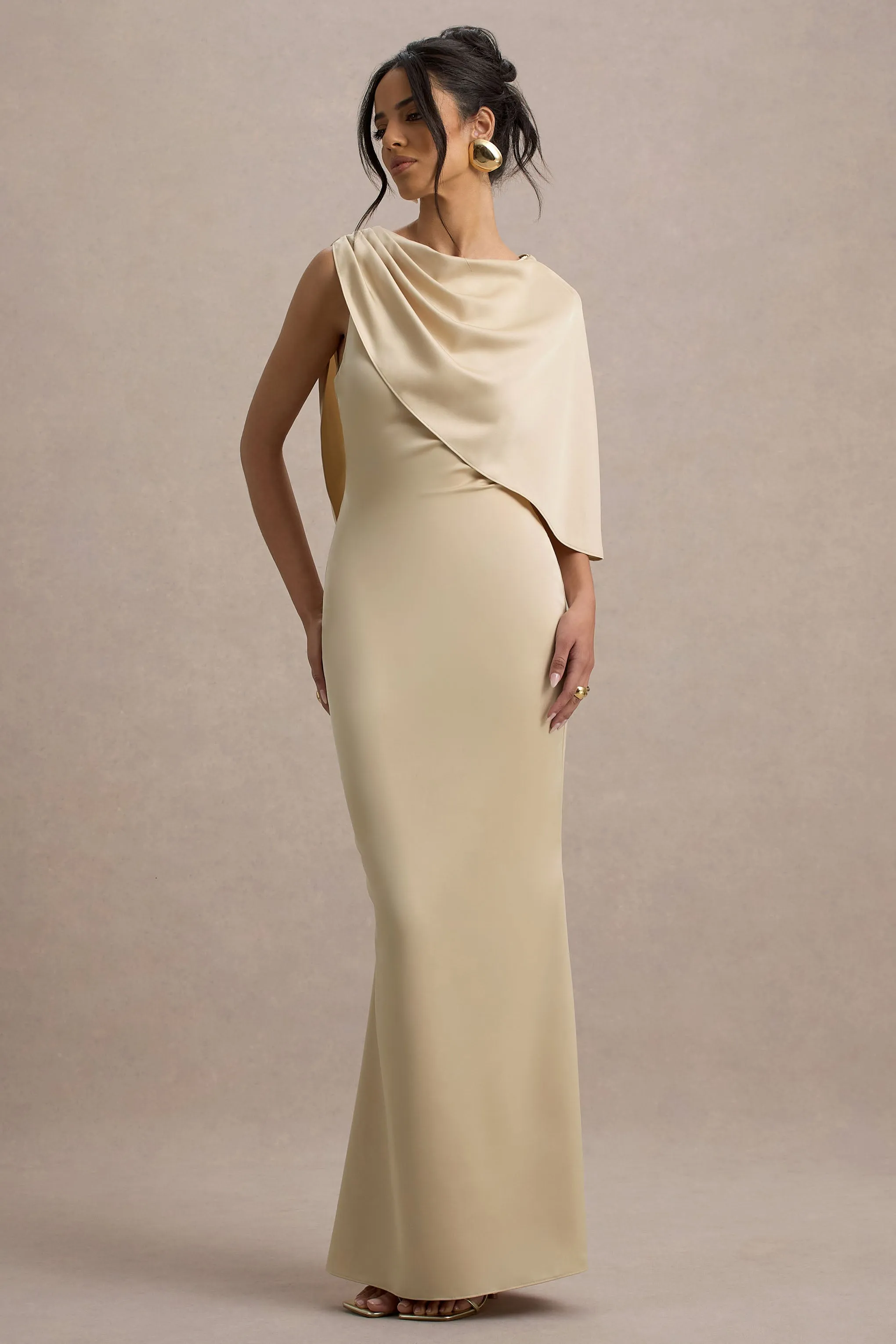 Ambra | Champagne Satin One-Shoulder Cape Maxi Dress sold by Club L London