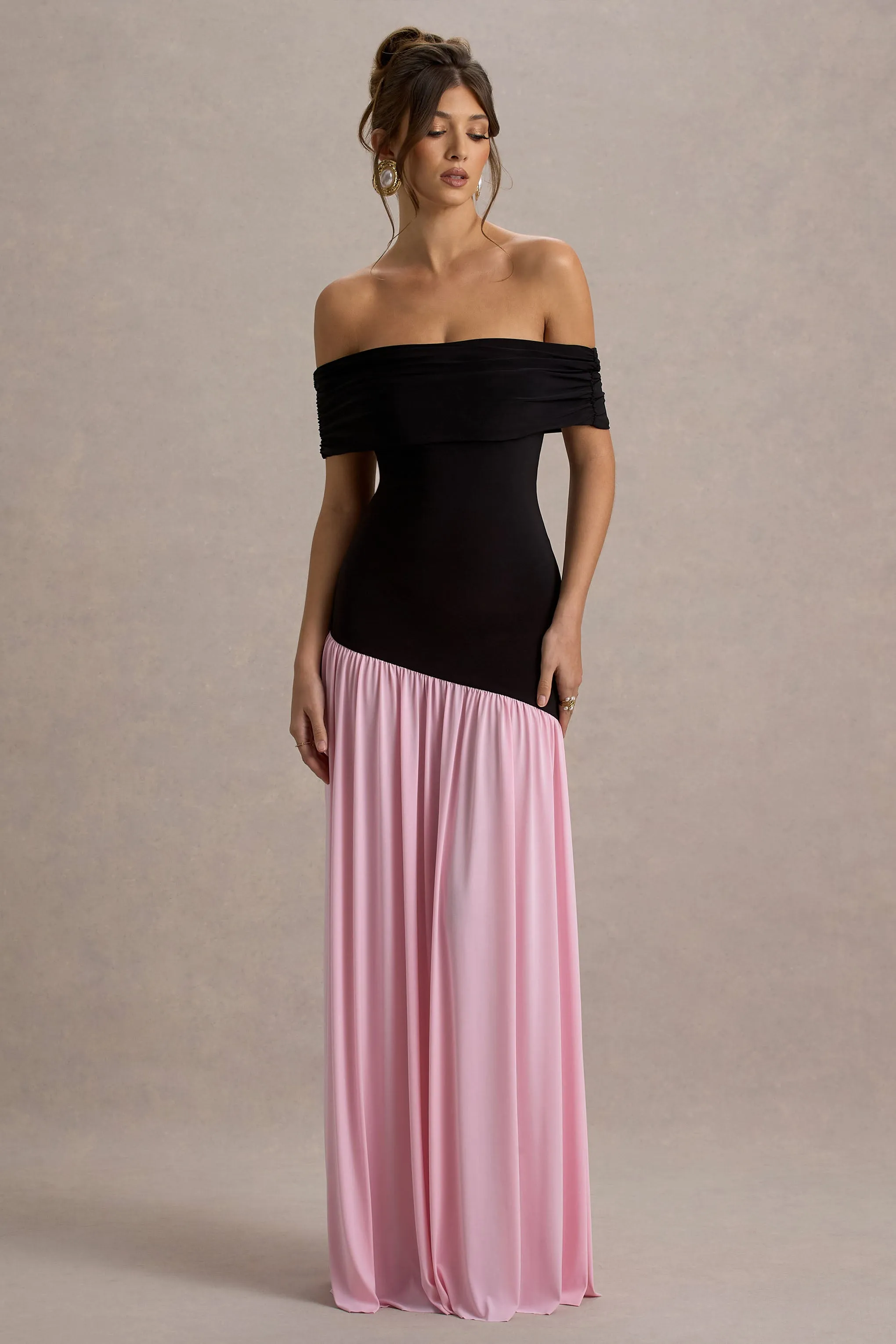 Venezia | Black & Pink Bardot Puff-Skirt Maxi Dress sold by Club L London product image thumbnail 5