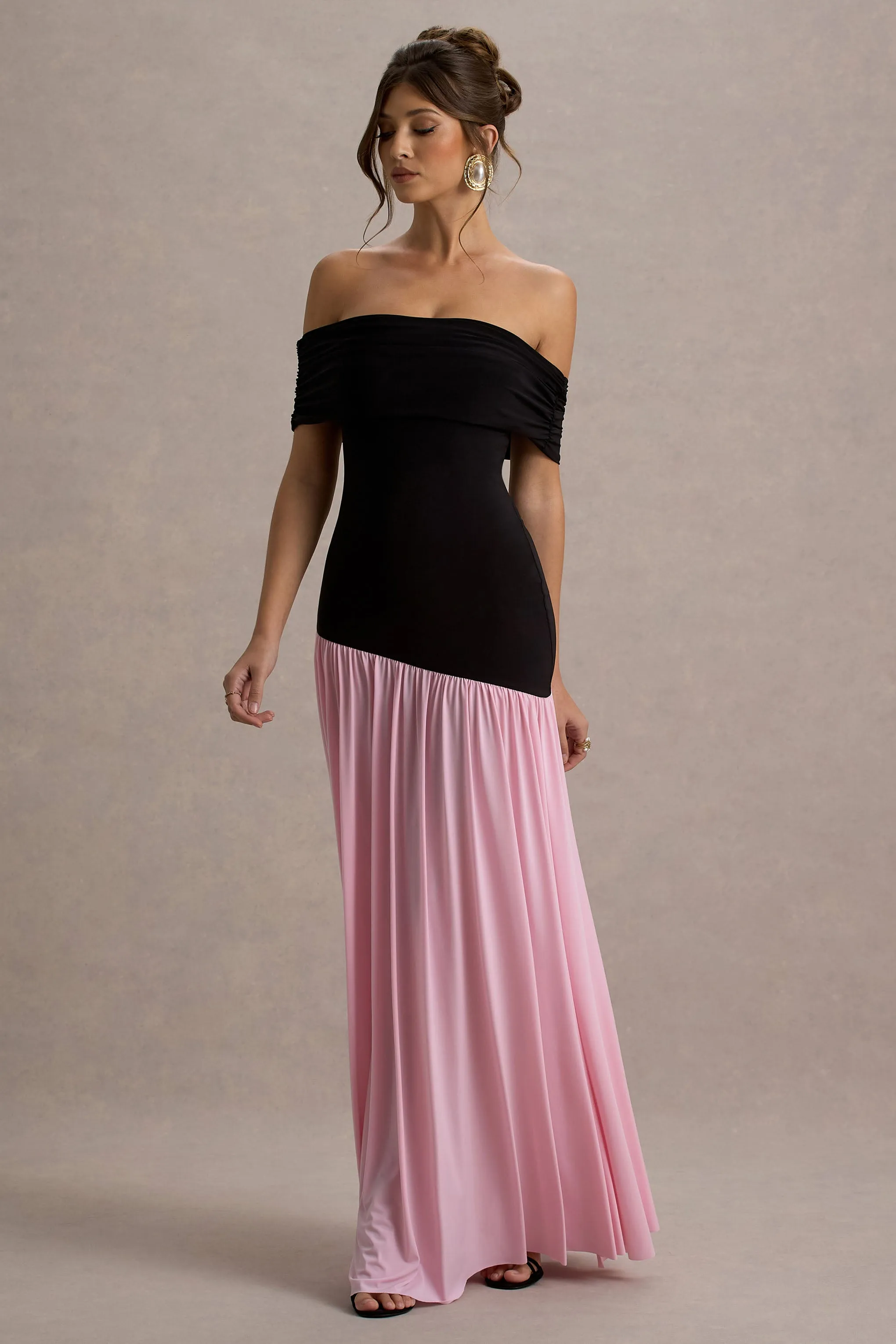 Venezia | Black & Pink Bardot Puff-Skirt Maxi Dress sold by Club L London product image thumbnail 4