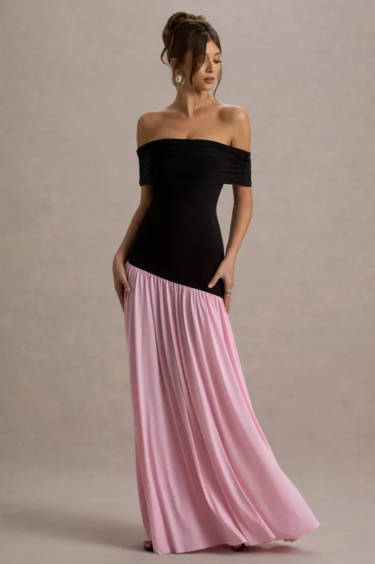 Venezia | Black & Pink Bardot Puff-Skirt Maxi Dress sold by Club L London