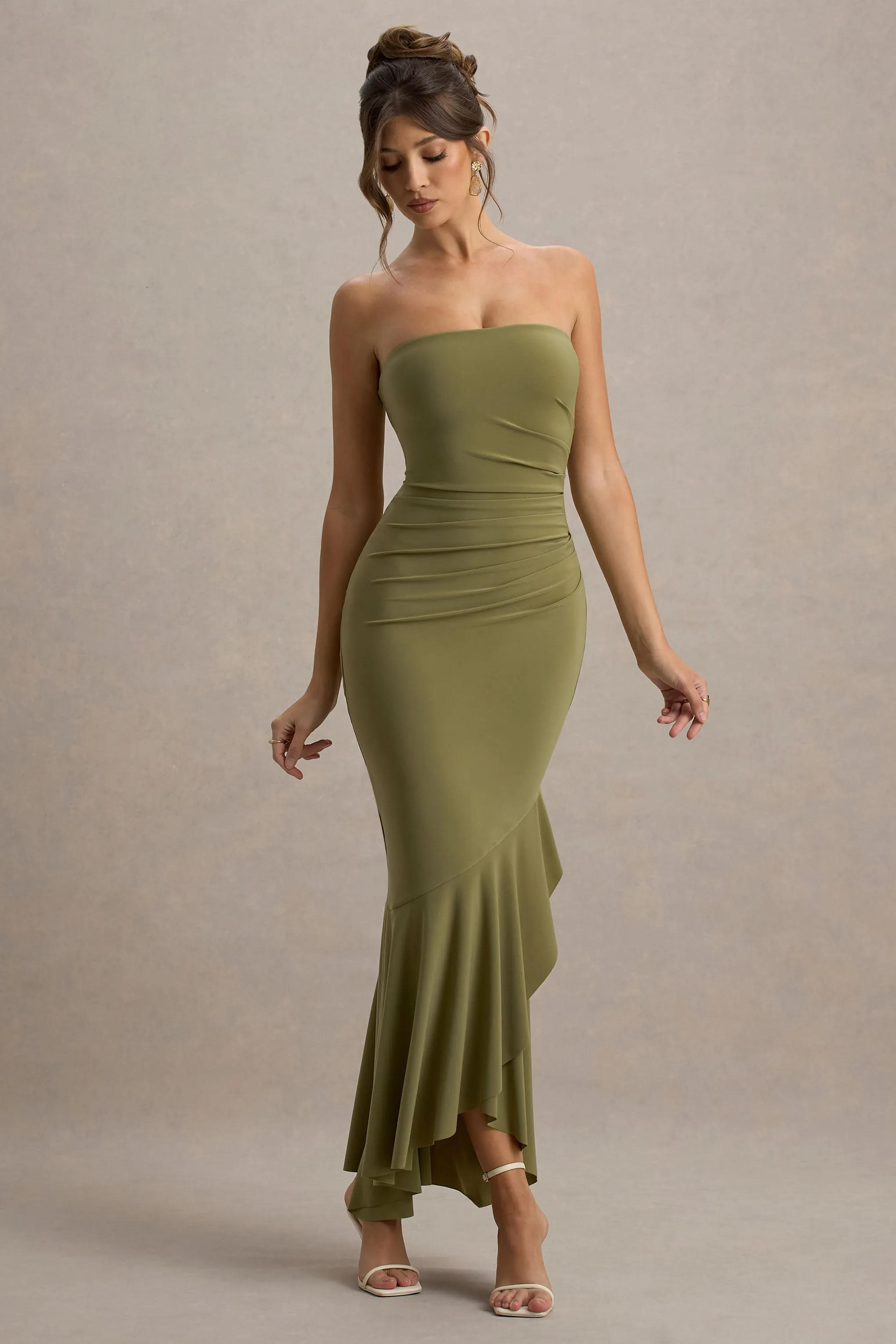 Capria | Olive Green Bandeau Wrap Maxi Dress sold by Club L London product image thumbnail 4
