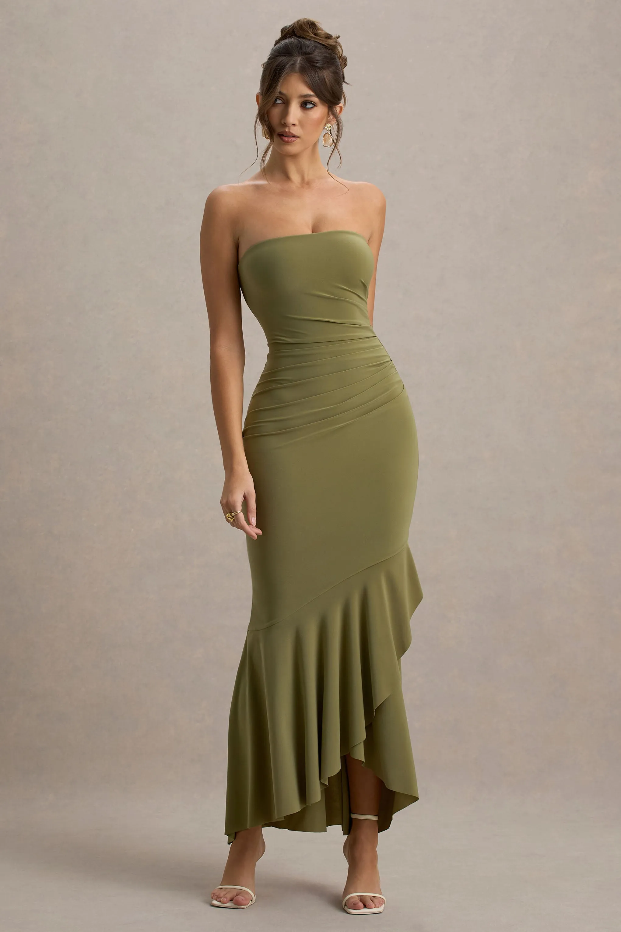 Capria | Olive Green Bandeau Wrap Maxi Dress sold by Club L London