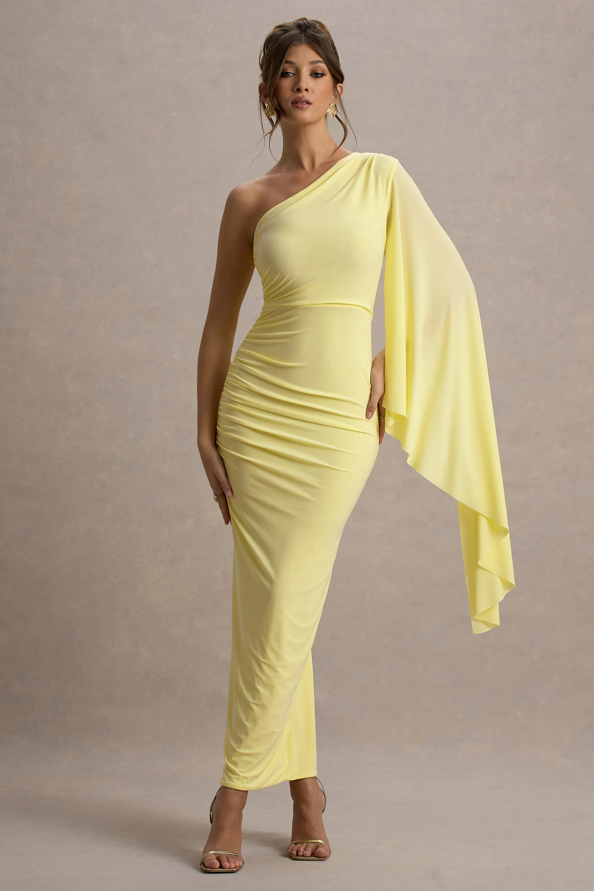 Clementina | Lemon Asymmetric Cape Sleeve Maxi Dress sold by Club L London product image thumbnail 4