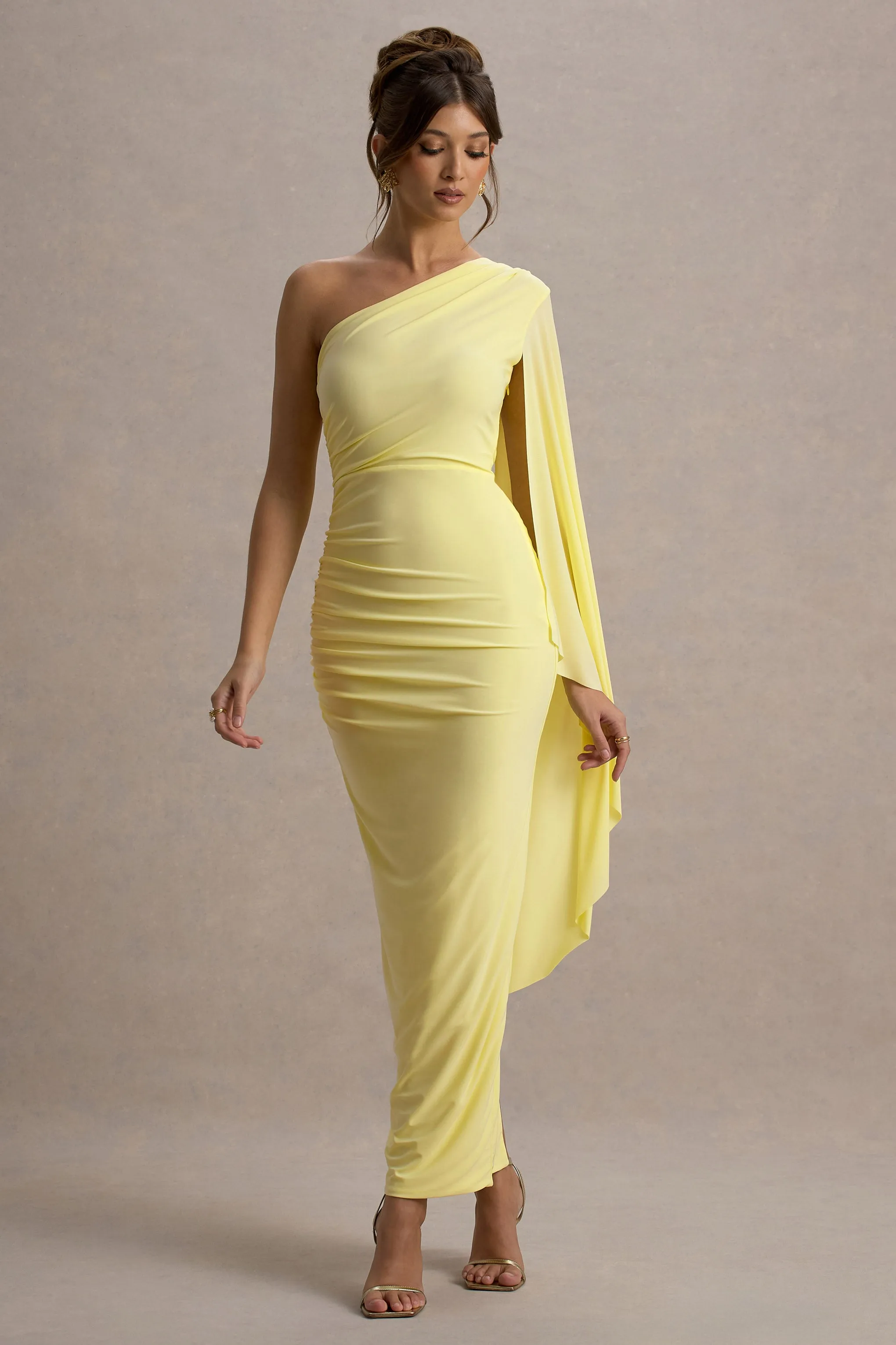 Clementina | Lemon Asymmetric Cape Sleeve Maxi Dress sold by Club L London