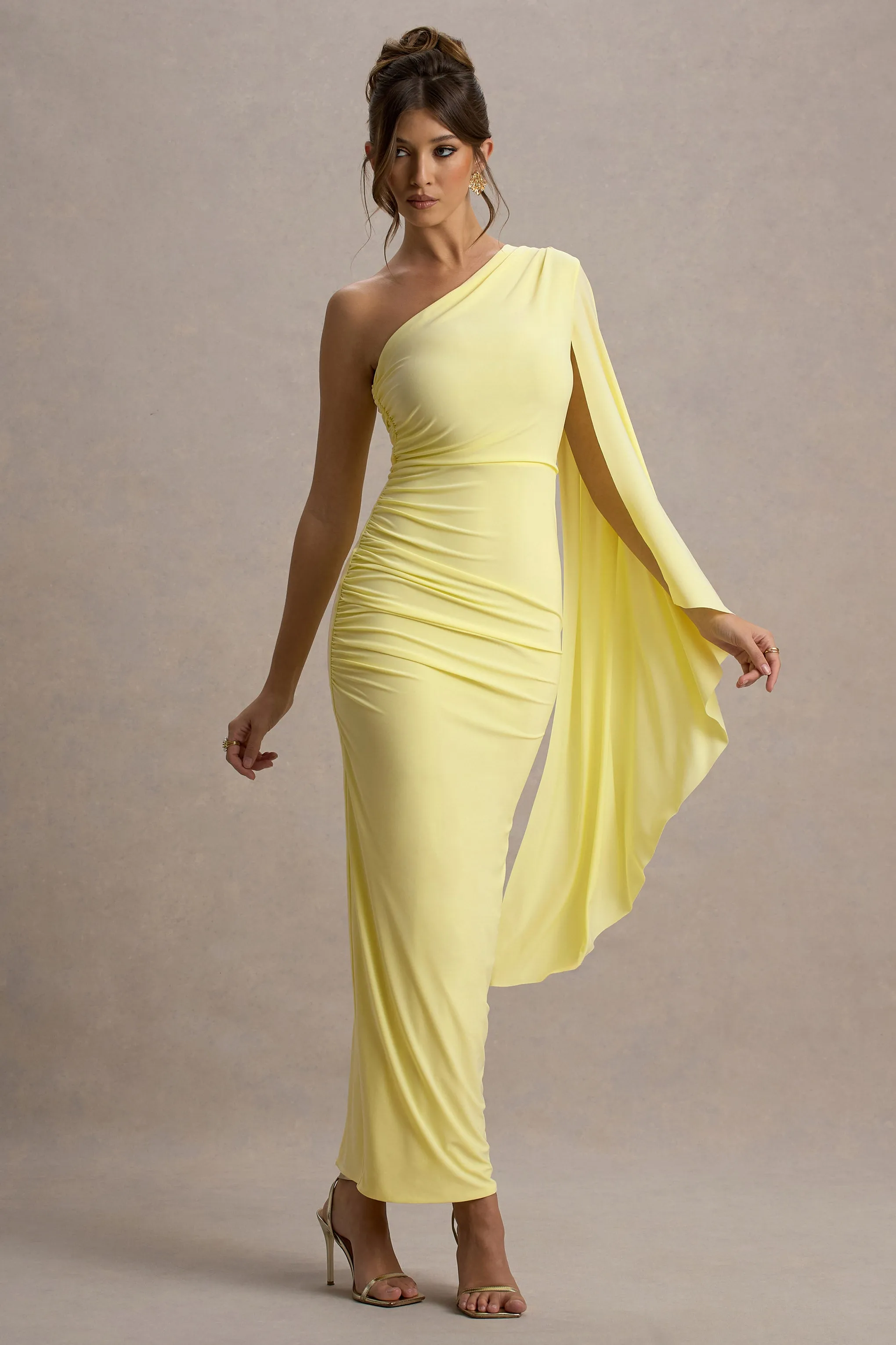 Clementina | Lemon Asymmetric Cape Sleeve Maxi Dress sold by Club L London product image thumbnail 5