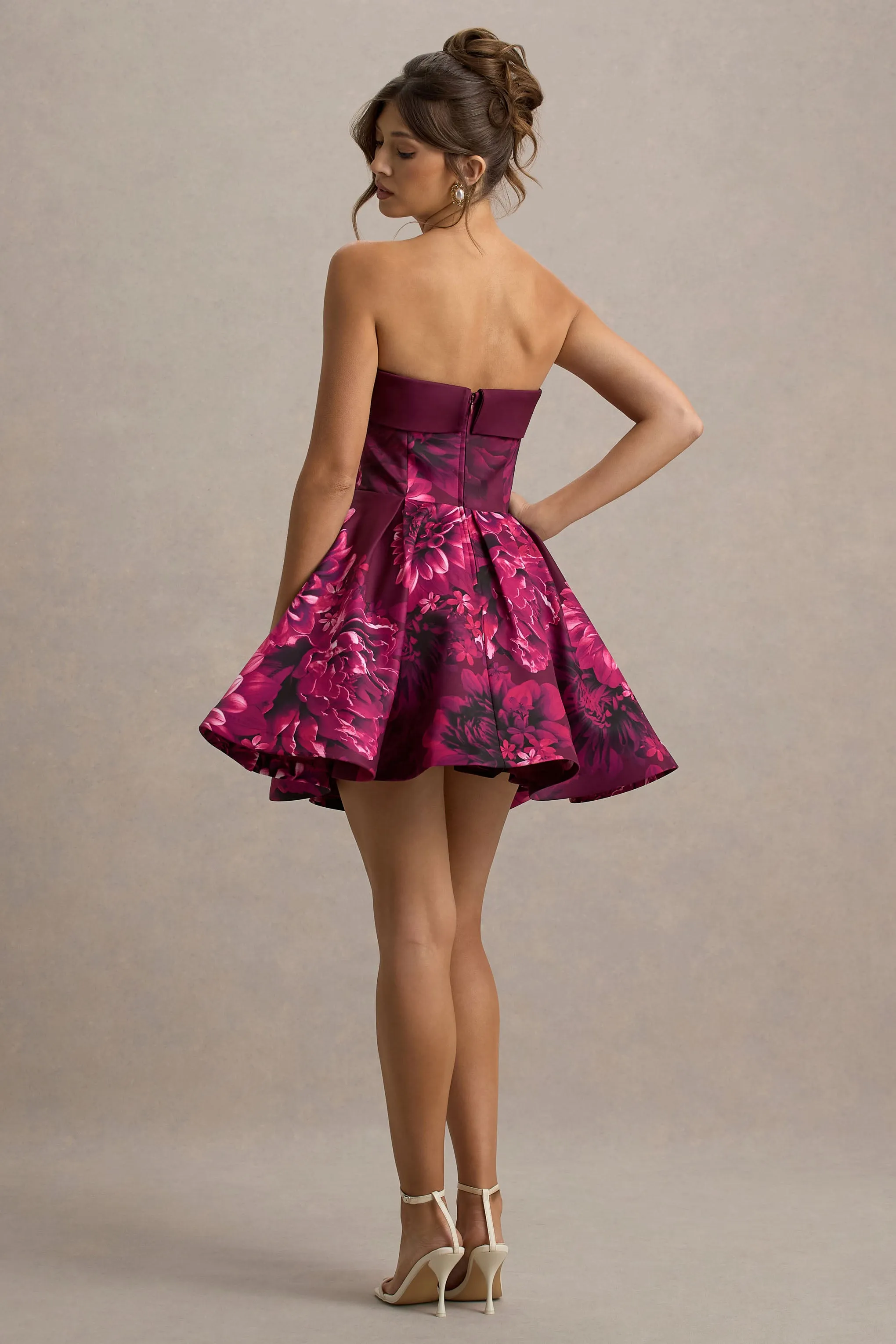 Fiorenza | Pink Floral Print Bandeau Skater Mini Dress sold by Club L London product image thumbnail 2