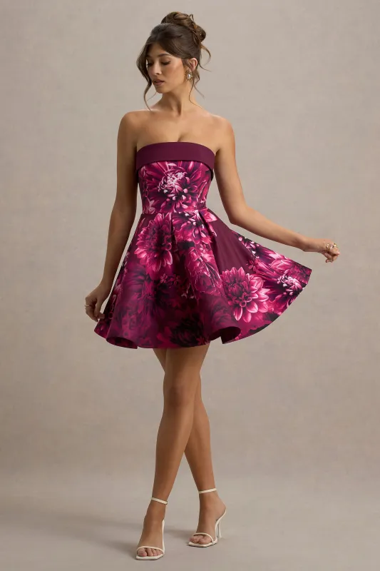 Fiorenza | Pink Floral Print Bandeau Skater Mini Dress sold by Club L London