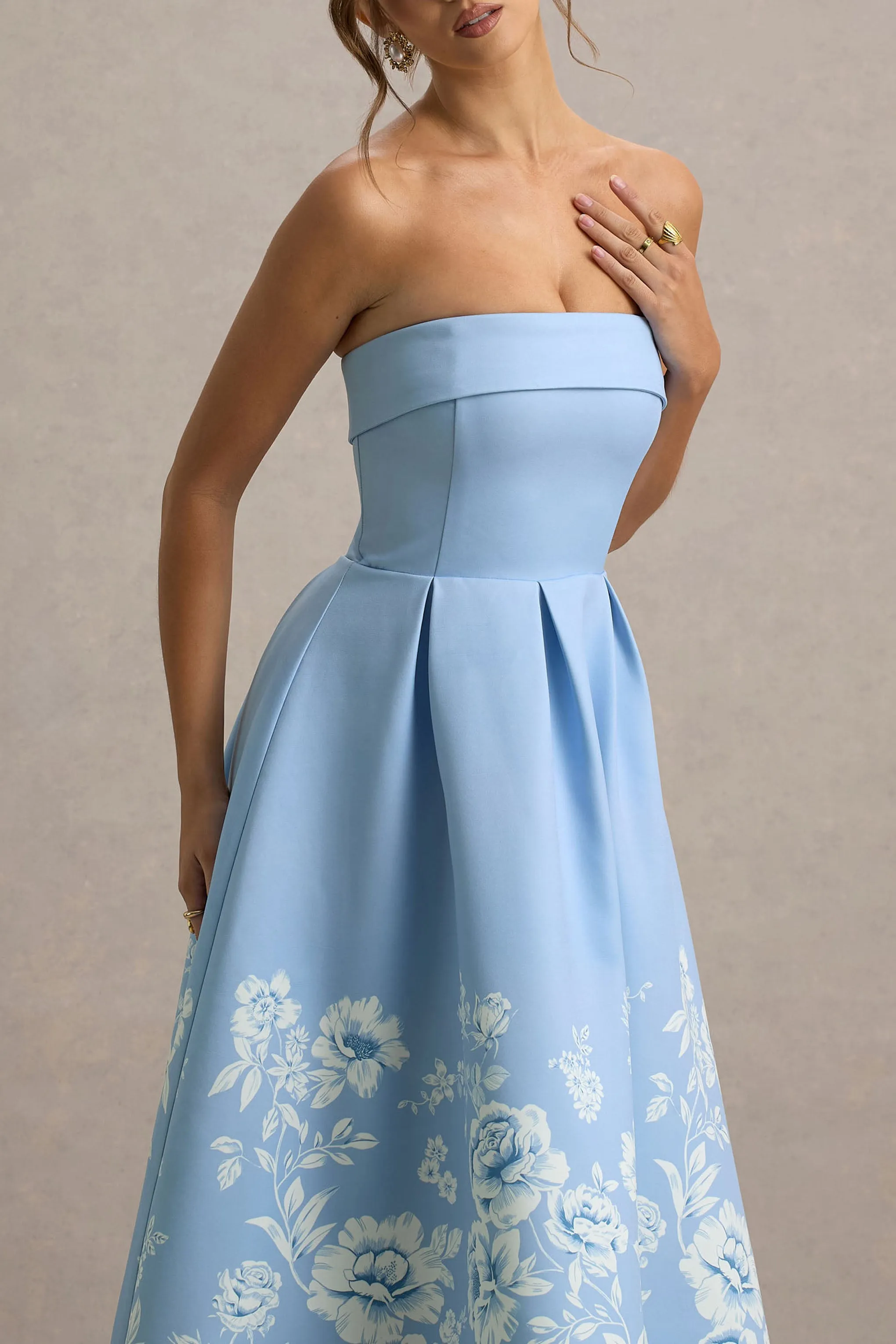 Annalise | Light Blue Floral Print Bandeau Skater Midi Dress sold by Club L London product image thumbnail 3