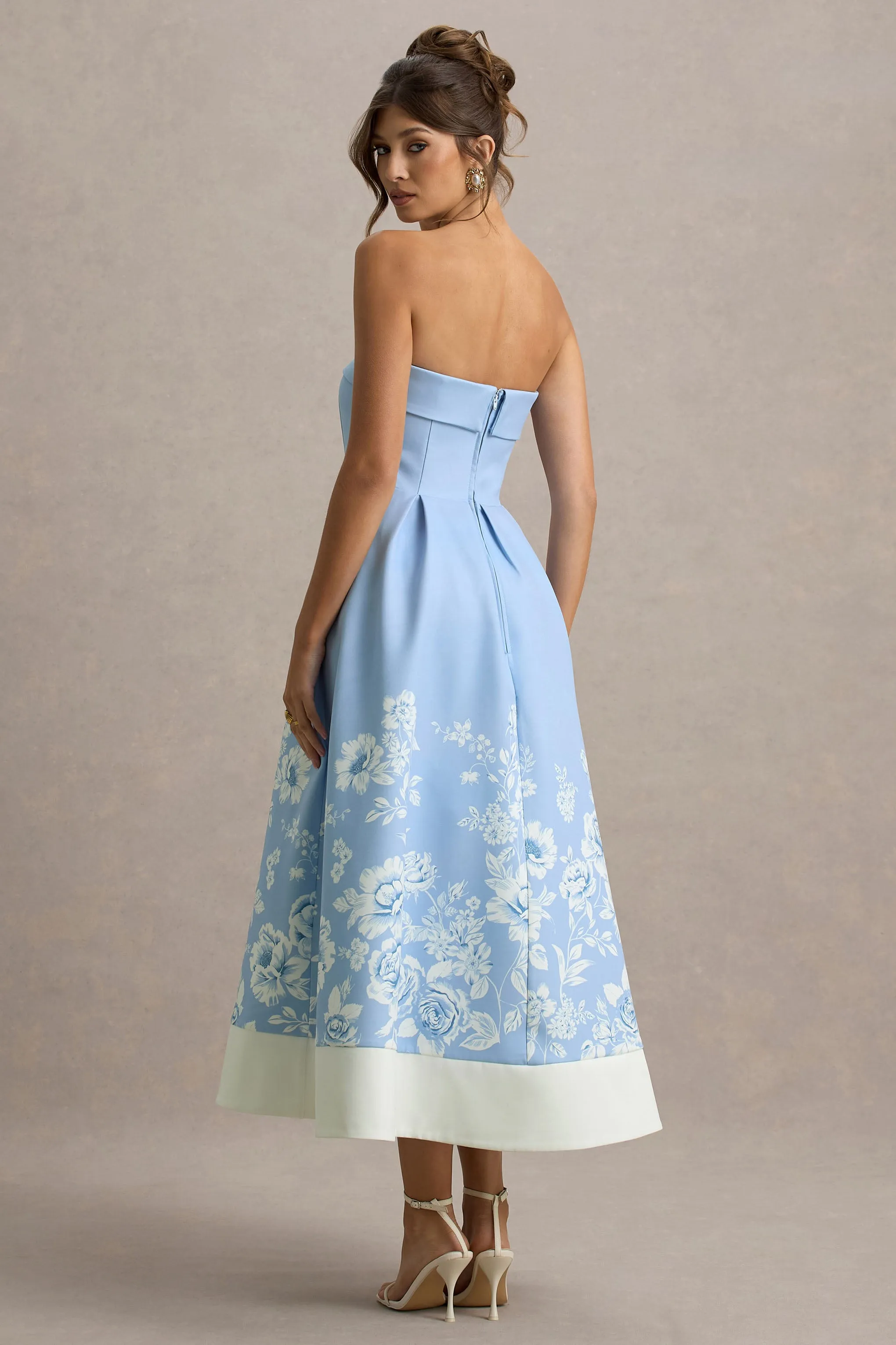 Annalise | Light Blue Floral Print Bandeau Skater Midi Dress sold by Club L London product image thumbnail 2