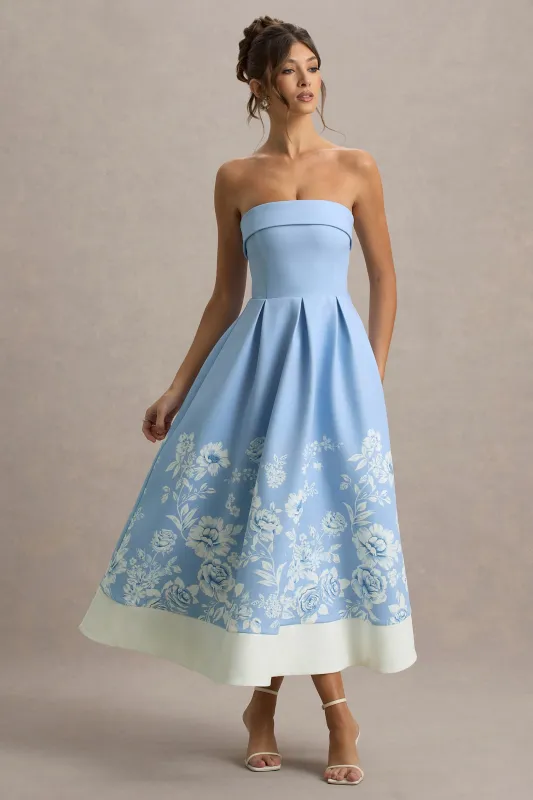 Annalise | Light Blue Floral Print Bandeau Skater Midi Dress sold by Club L London
