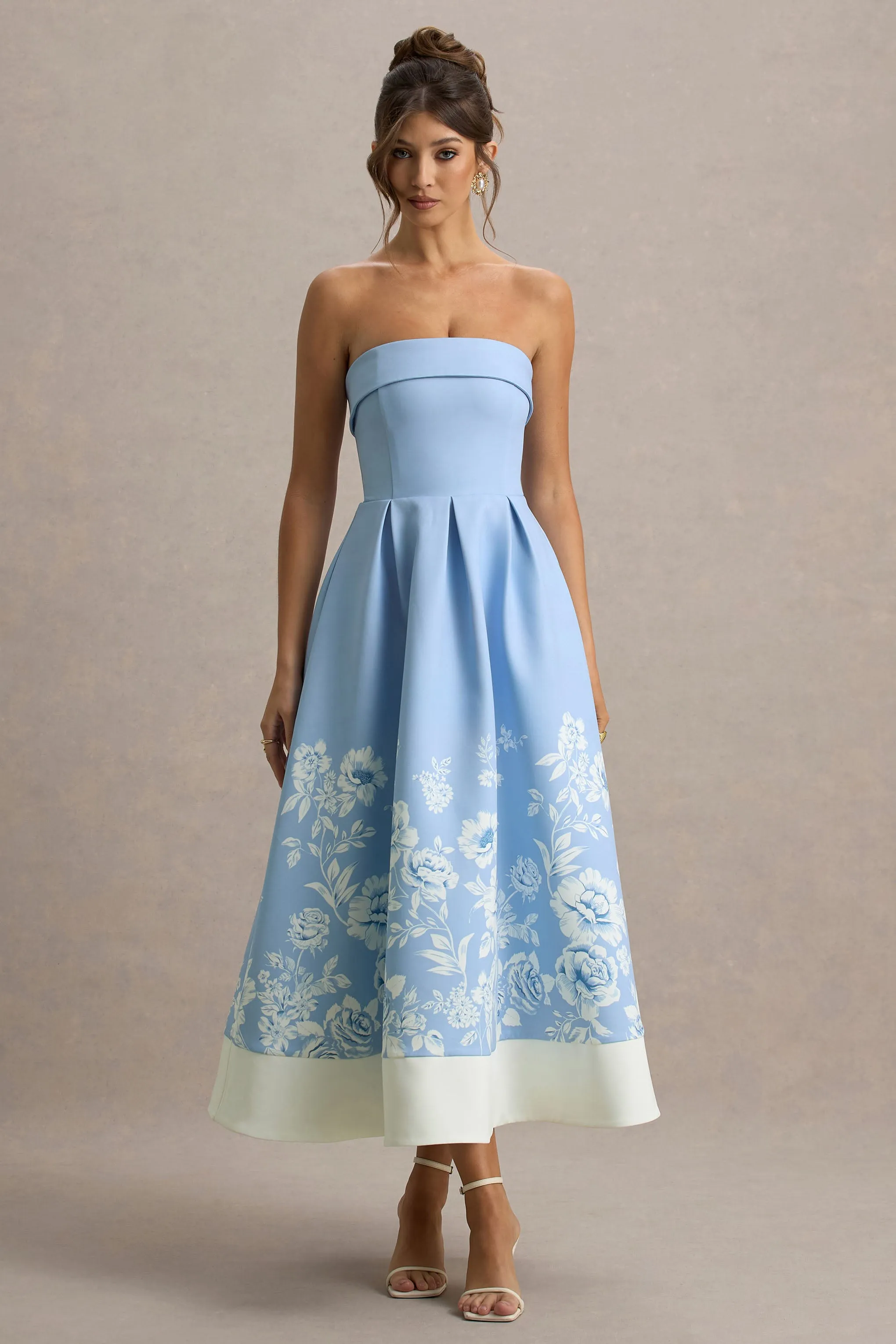 Annalise | Light Blue Floral Print Bandeau Skater Midi Dress sold by Club L London product image thumbnail 4