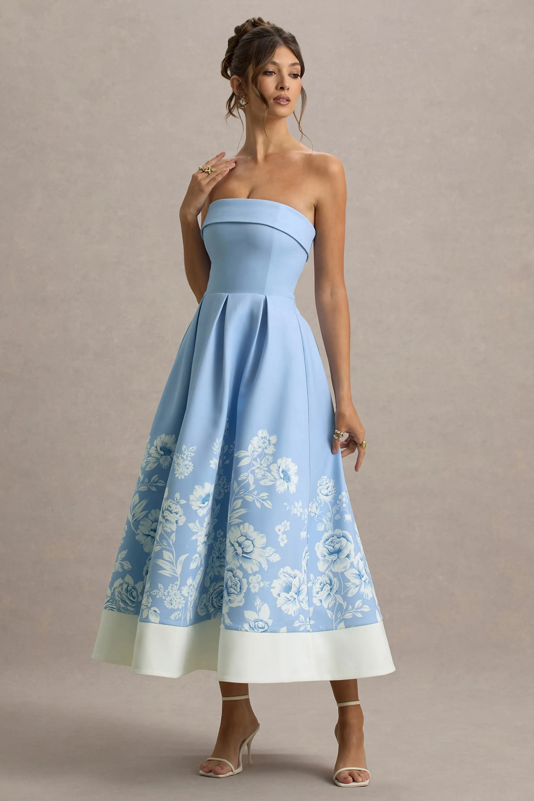 Annalise | Light Blue Floral Print Bandeau Skater Midi Dress sold by Club L London product image thumbnail 5