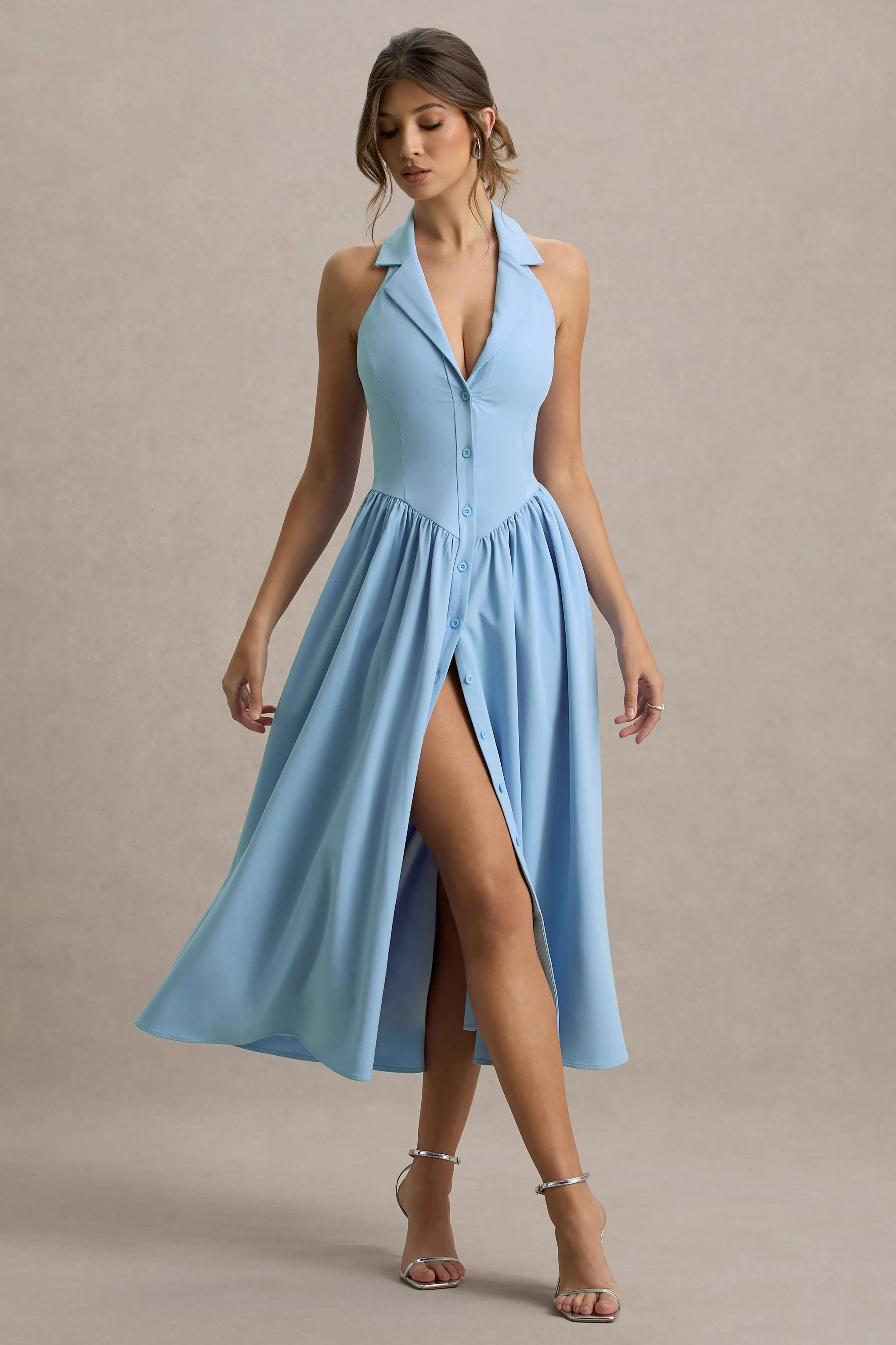Samsara | Light Blue Plunge-Neck Collared Midi Dress sold by Club L London product image thumbnail 4