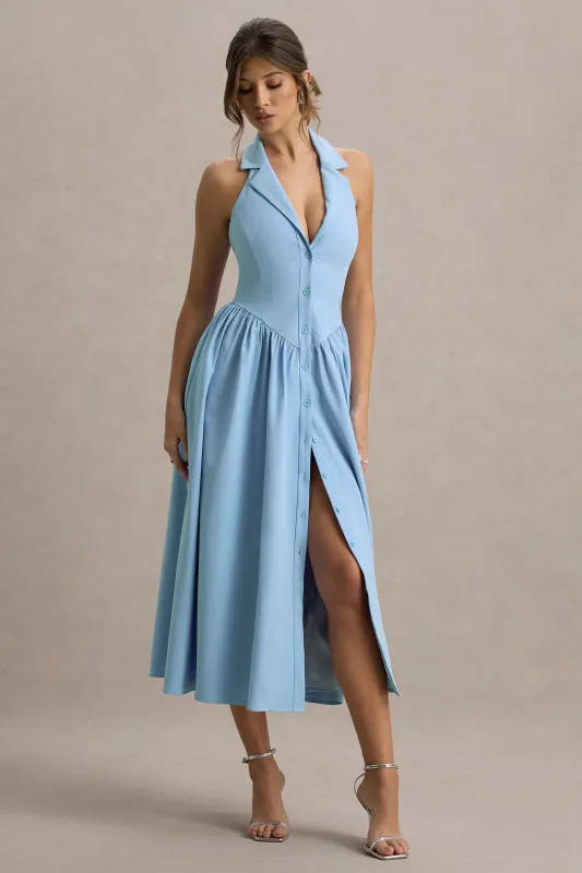 Samsara | Light Blue Plunge-Neck Collared Midi Dress made by Club L London