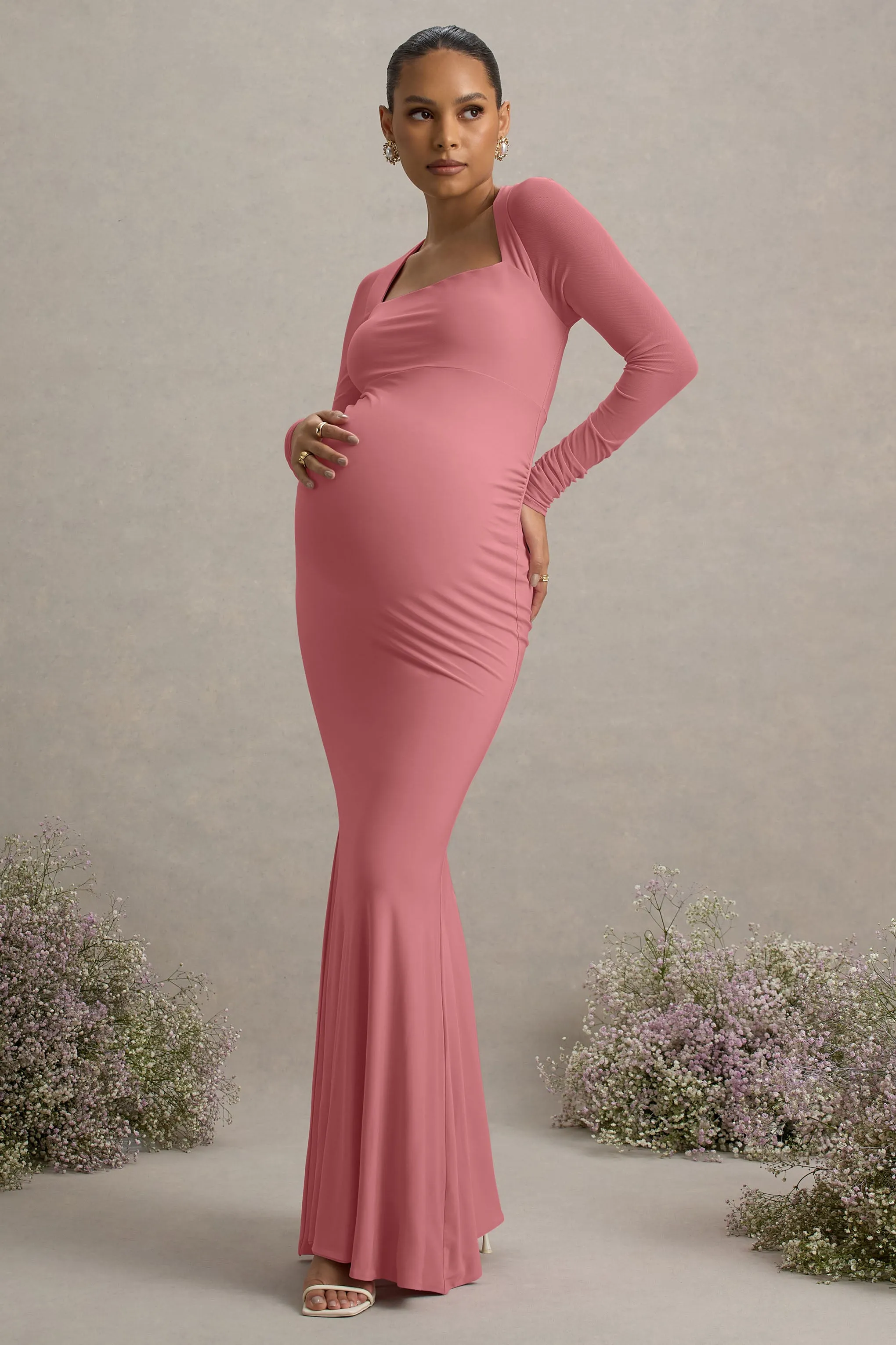 Abeam | Blush Pink Maternity Maxi Dress With Sheer Sleeves sold by Club L London product image thumbnail 5