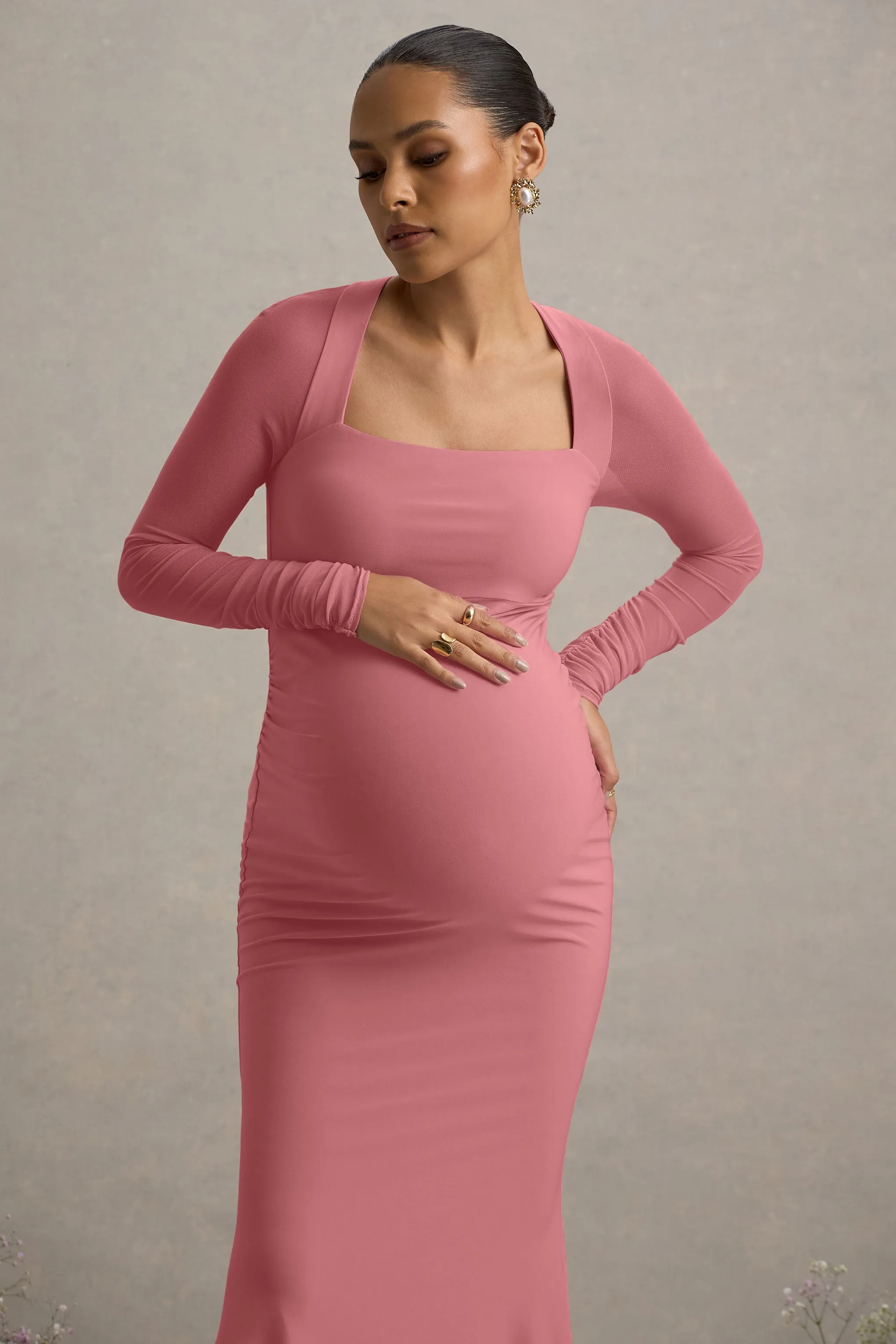 Abeam | Blush Pink Maternity Maxi Dress With Sheer Sleeves sold by Club L London product image thumbnail 3