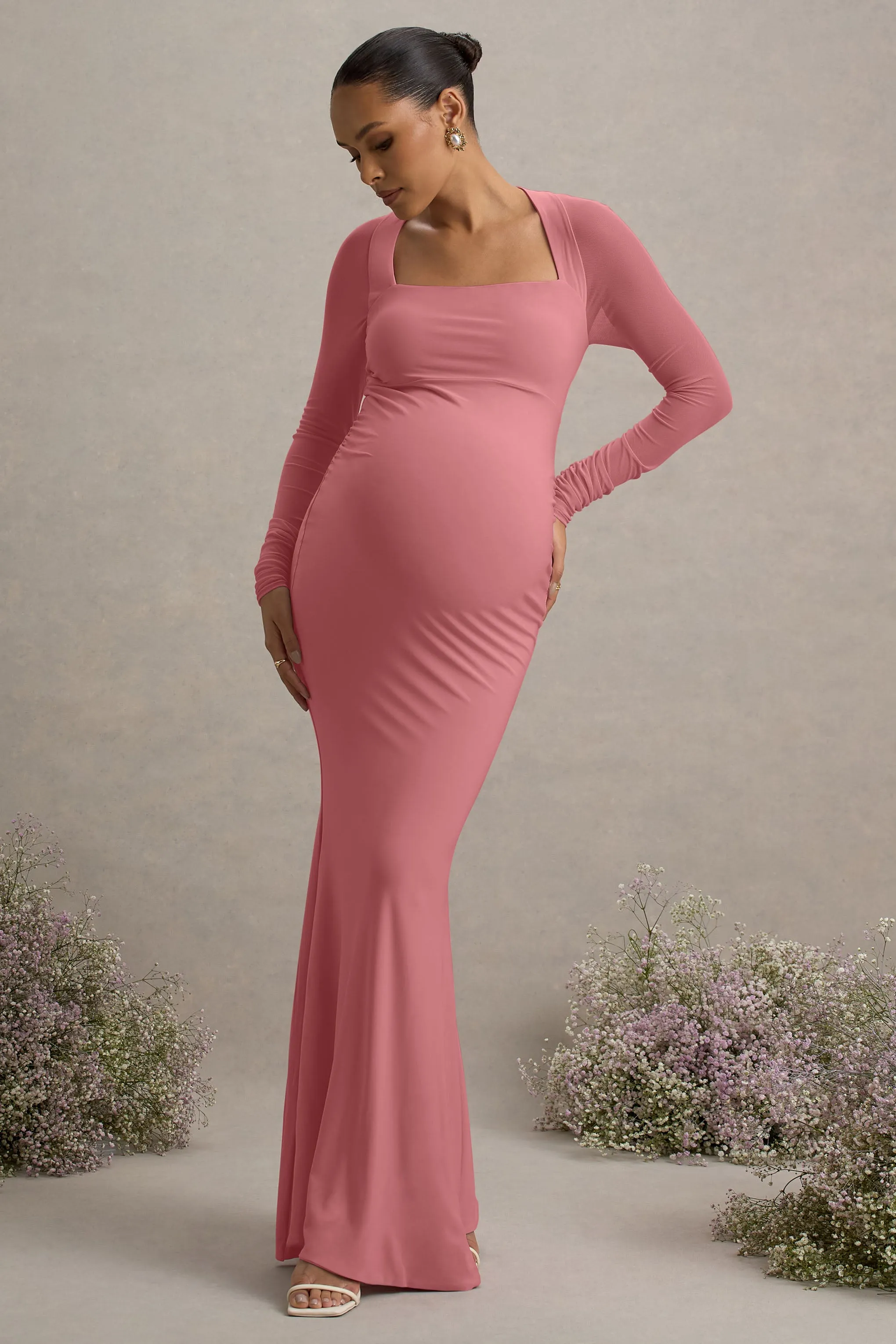 Abeam | Blush Pink Maternity Maxi Dress With Sheer Sleeves sold by Club L London product image thumbnail 4