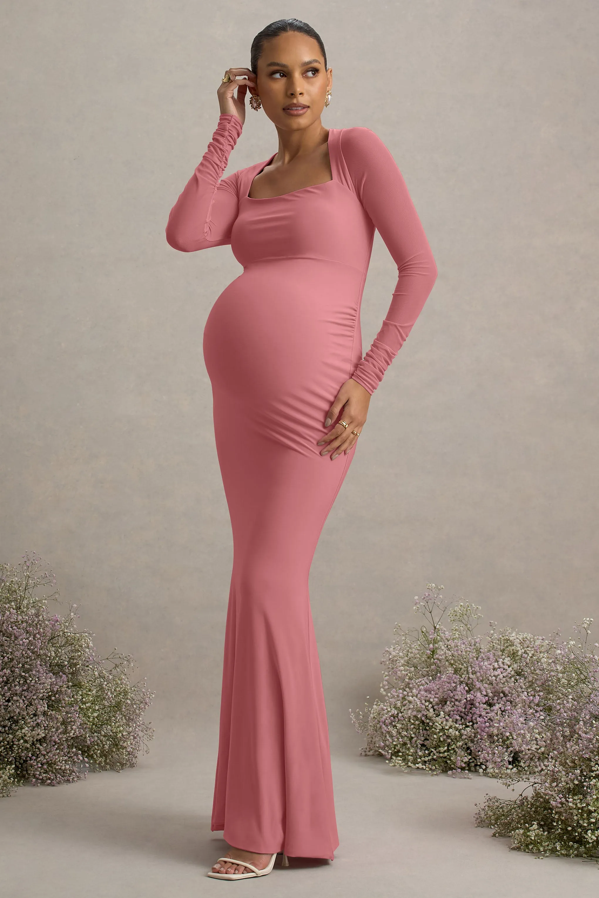 Abeam | Blush Pink Maternity Maxi Dress With Sheer Sleeves sold by Club L London