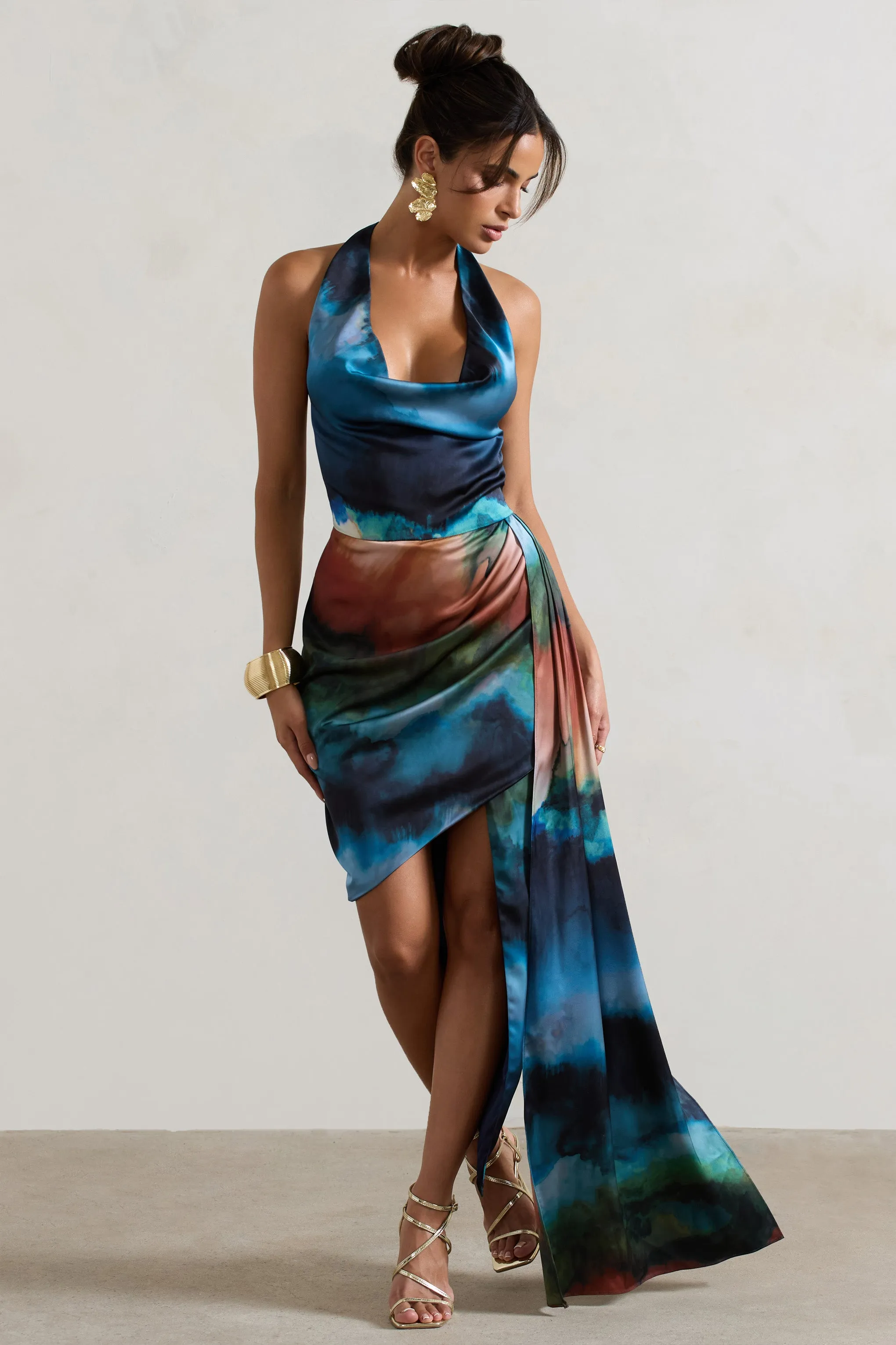 Bali | Blue Blur Print Satin Cowl-Neck Draped Midi Dress sold by Club L London product image thumbnail 5