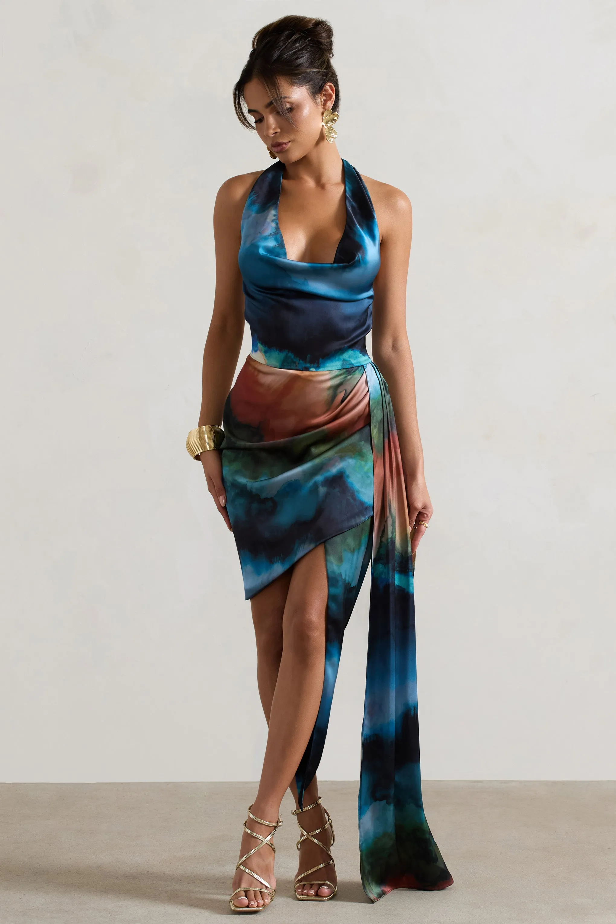 Bali | Blue Blur Print Satin Cowl-Neck Draped Midi Dress sold by Club L London product image thumbnail 4