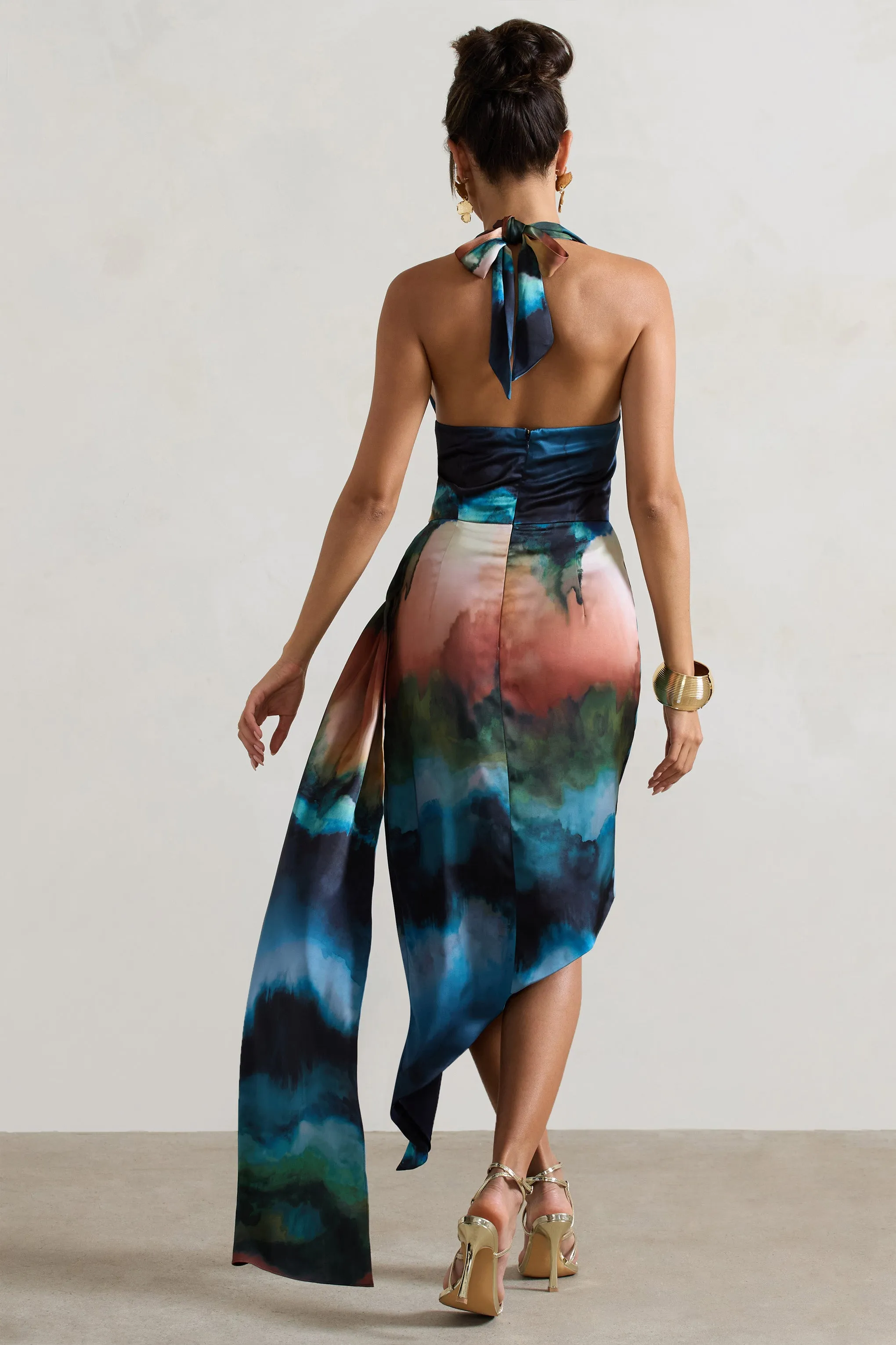 Bali | Blue Blur Print Satin Cowl-Neck Draped Midi Dress sold by Club L London product image thumbnail 2