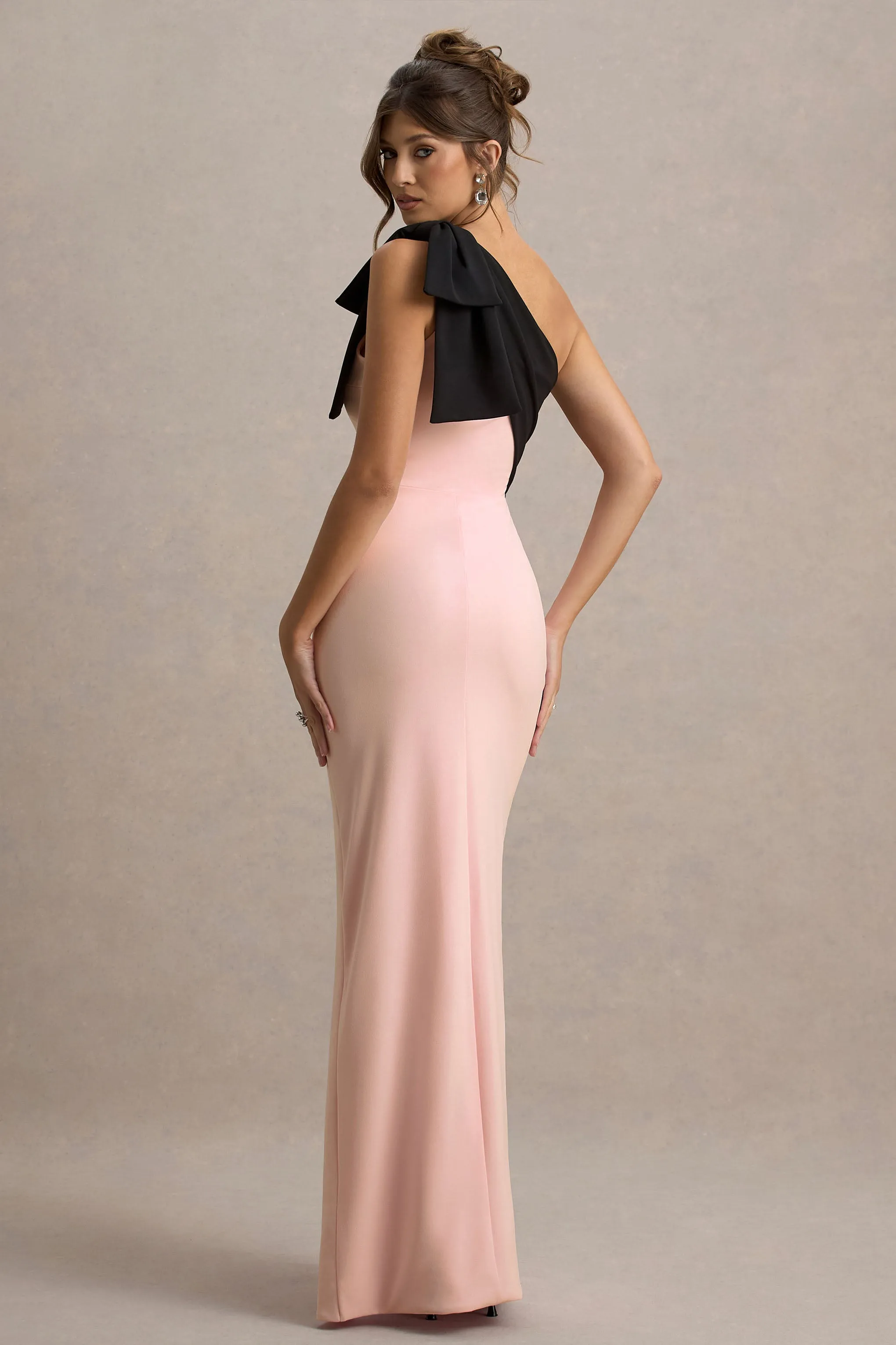 Kiri | Pink & Black One-Shoulder Bow Maxi Dress sold by Club L London product image thumbnail 2