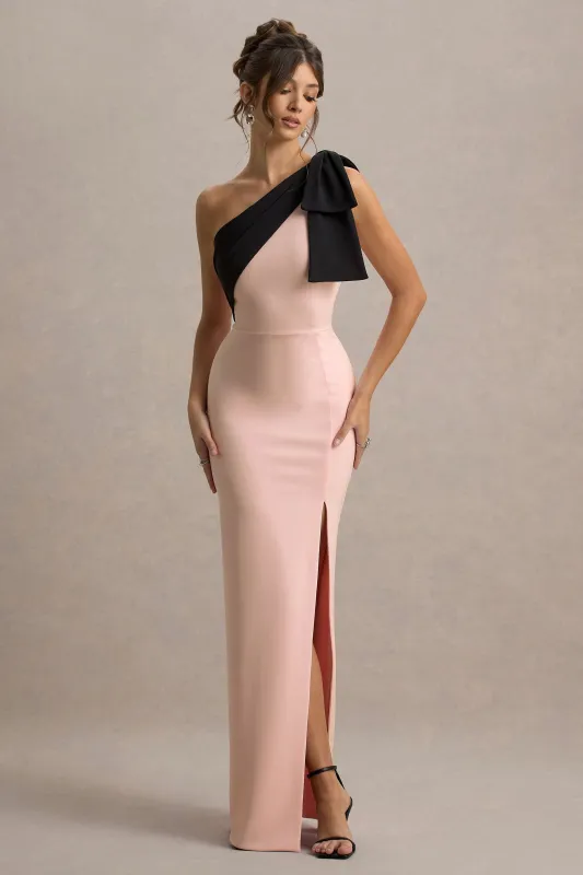Kiri | Pink & Black One-Shoulder Bow Maxi Dress sold by Club L London