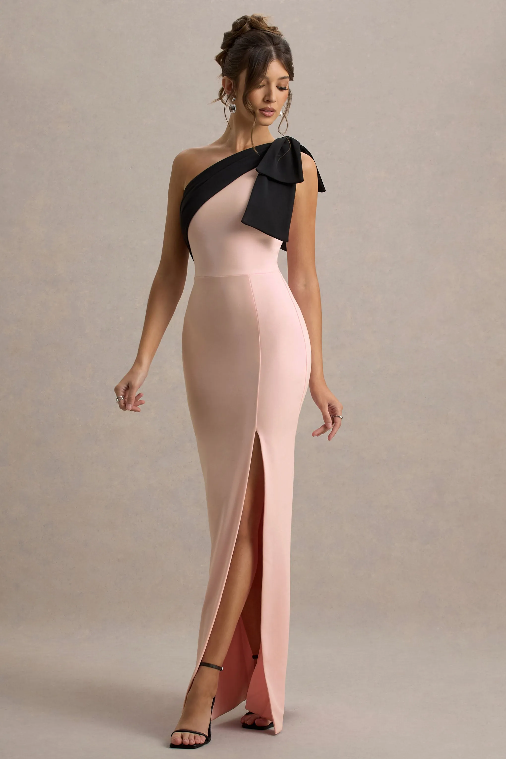 Kiri | Pink & Black One-Shoulder Bow Maxi Dress sold by Club L London product image thumbnail 4