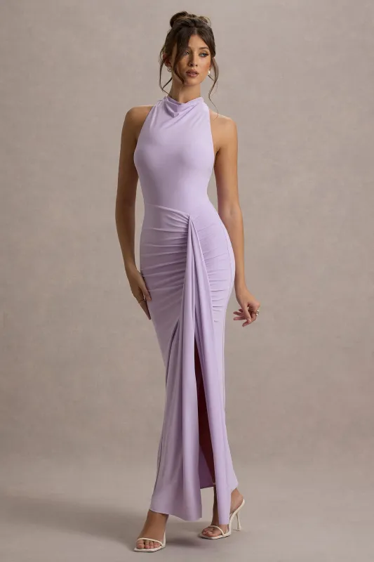 Sunflower | Lilac Ruched High-Neck Split Maxi Dress sold by Club L London