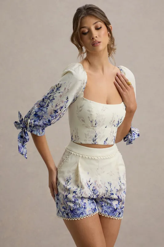 Bibi | Purple Floral Print Linen Puff-Sleeve Top sold by Club L London