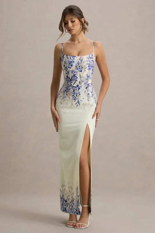 Lupita | Purple Floral Print Linen Split Maxi Dress sold by Club L London