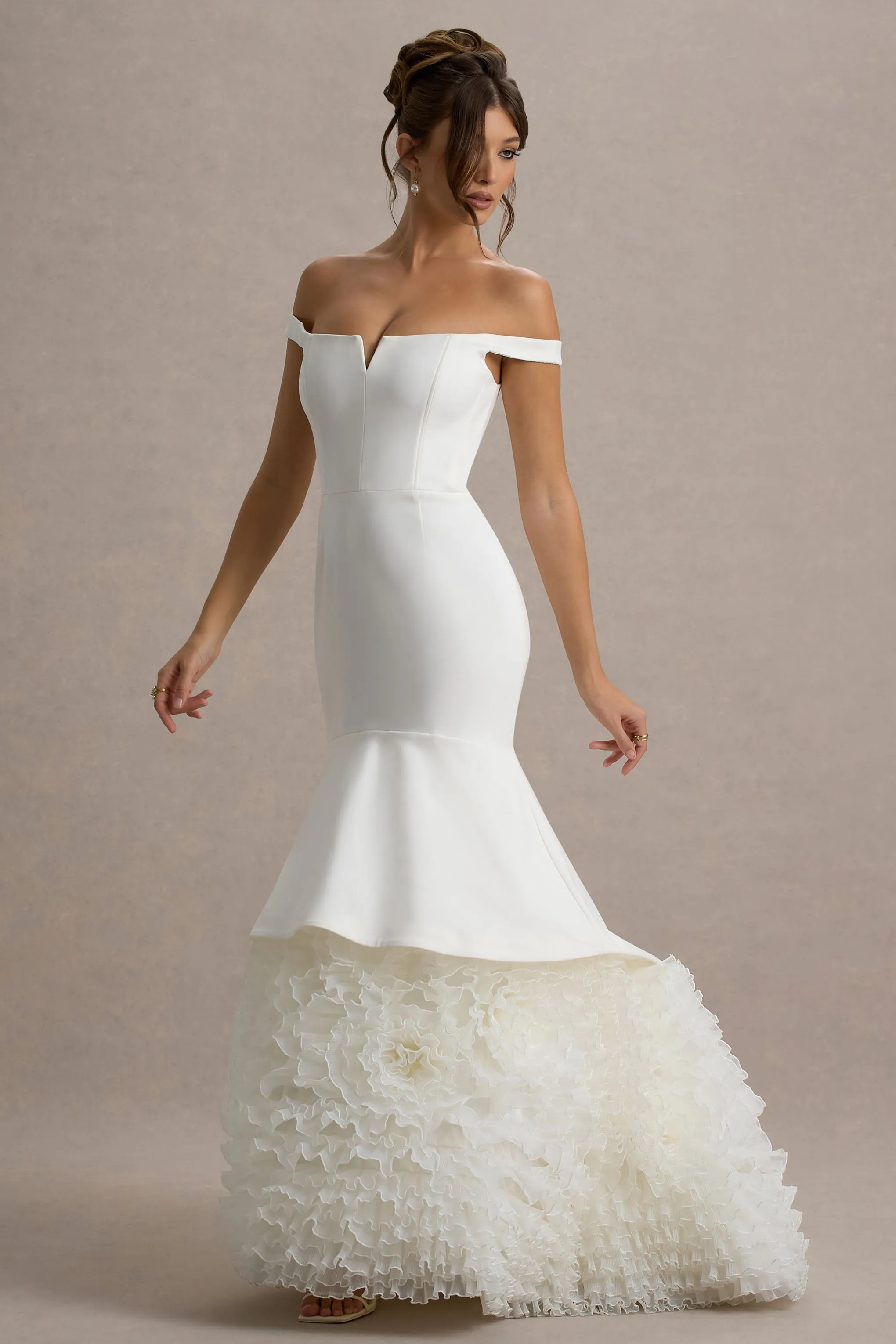 The Greatest | White & Cream Bardot Maxi Dress With Tulle Skirt sold by Club L London