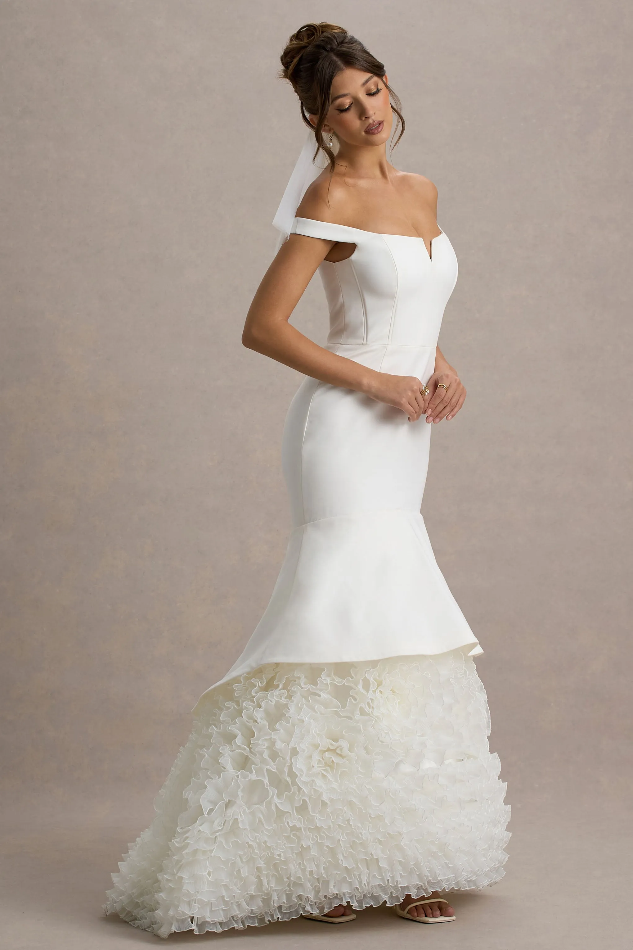 The Greatest | White & Cream Bardot Maxi Dress With Tulle Skirt sold by Club L London product image thumbnail 4