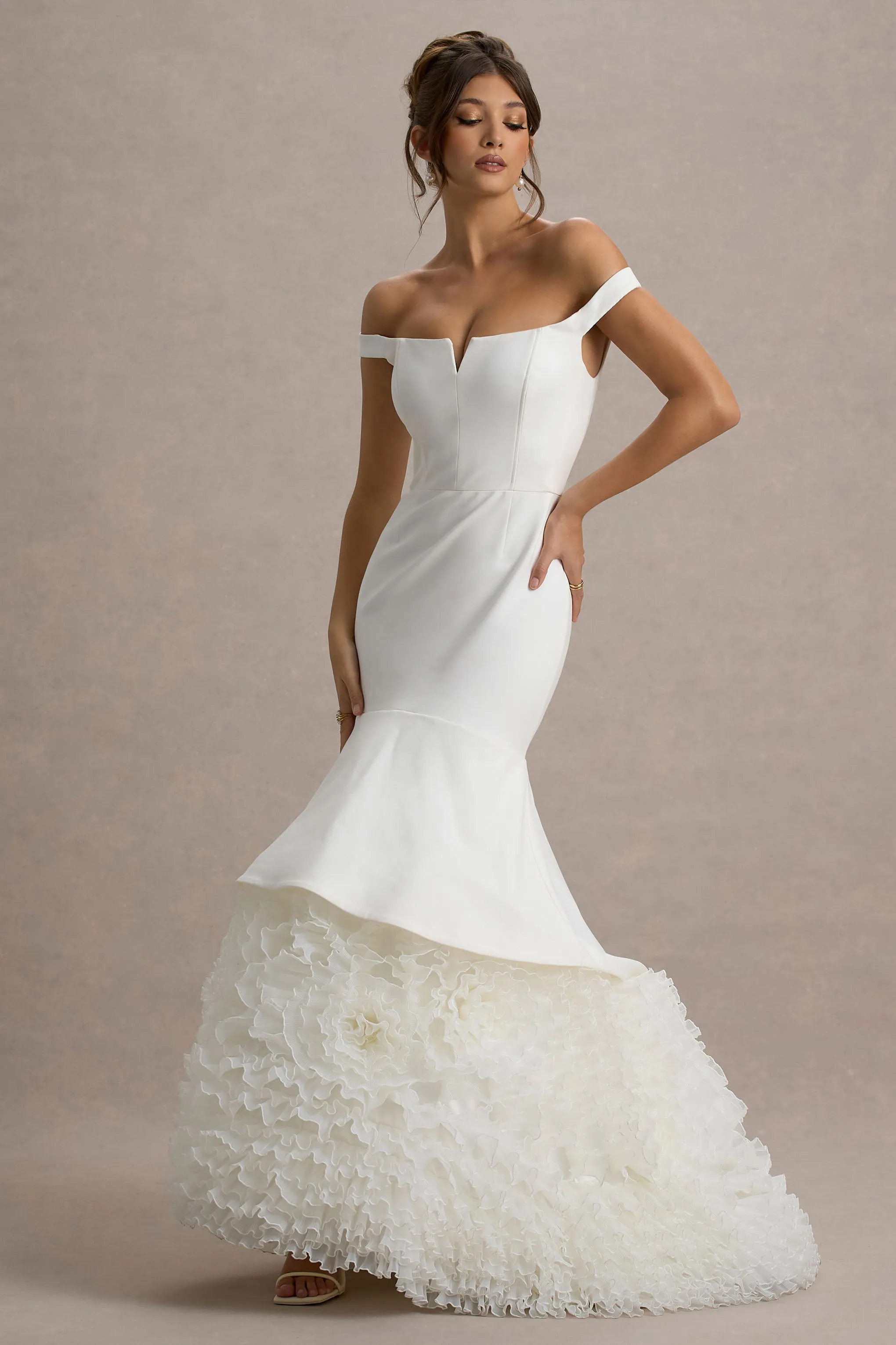 The Greatest | White & Cream Bardot Maxi Dress With Tulle Skirt sold by Club L London product image thumbnail 5