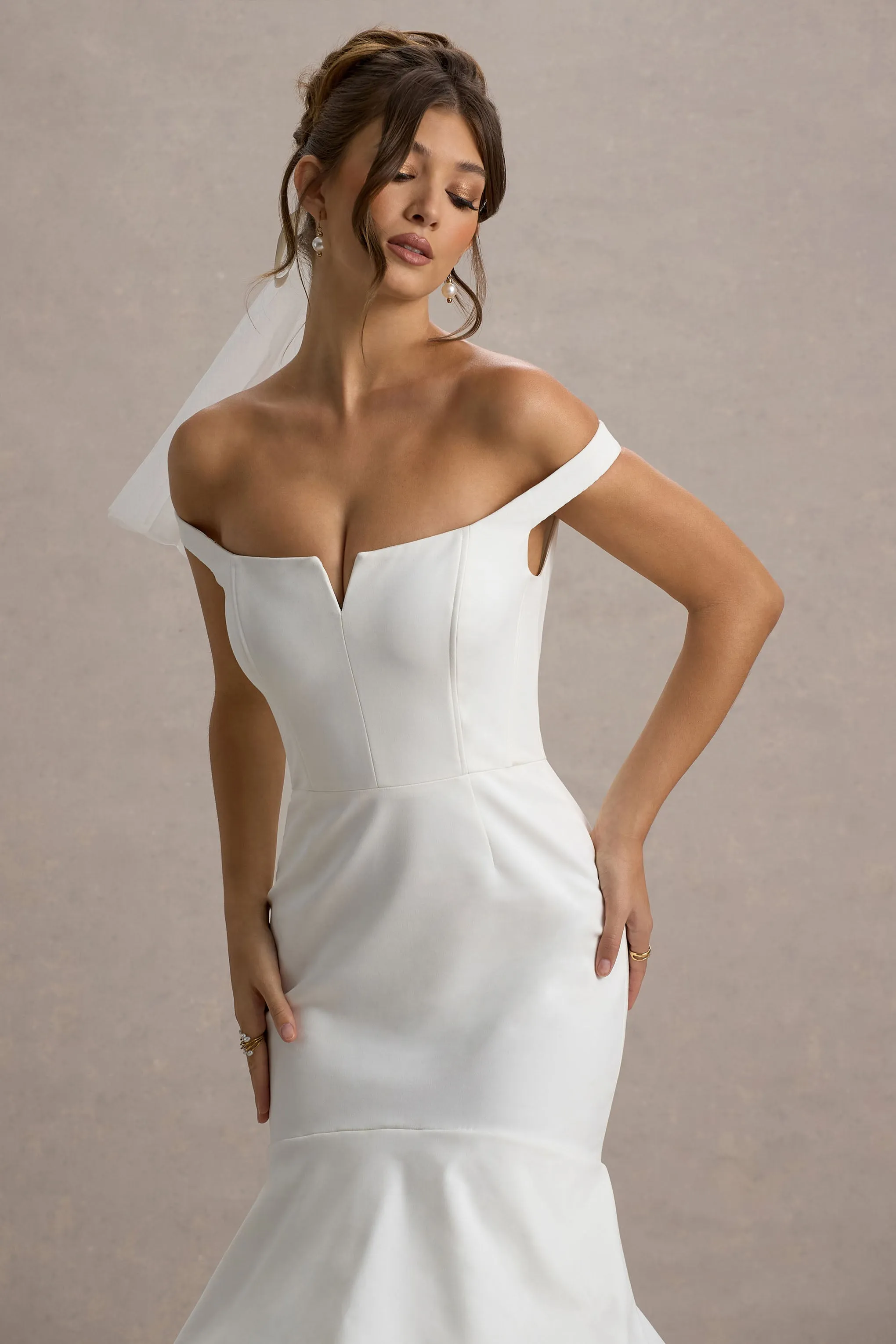 The Greatest | White & Cream Bardot Maxi Dress With Tulle Skirt sold by Club L London product image thumbnail 3