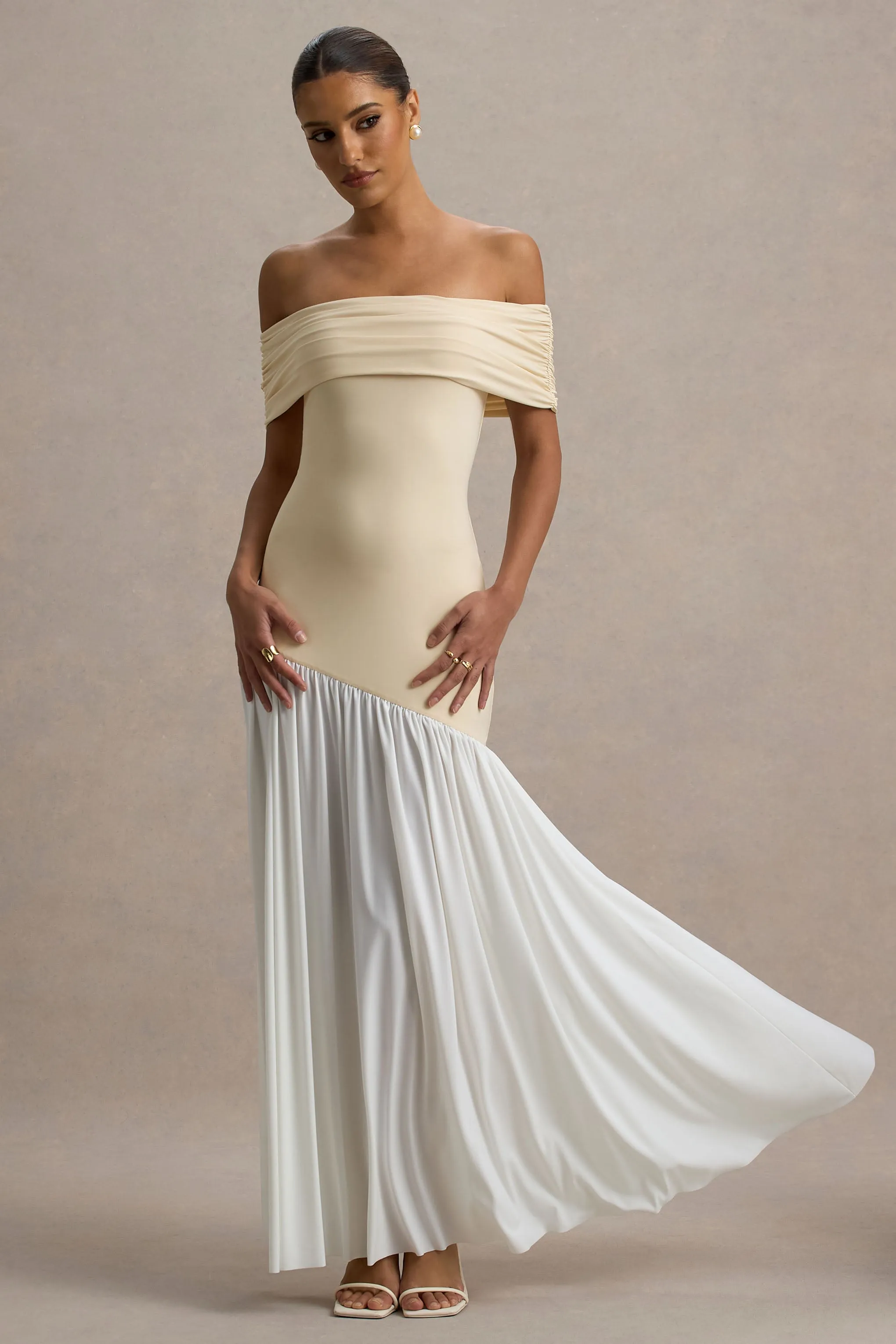 Venezia | Stone & White Bardot Puff-Skirt Maxi Dress sold by Club L London product image thumbnail 4