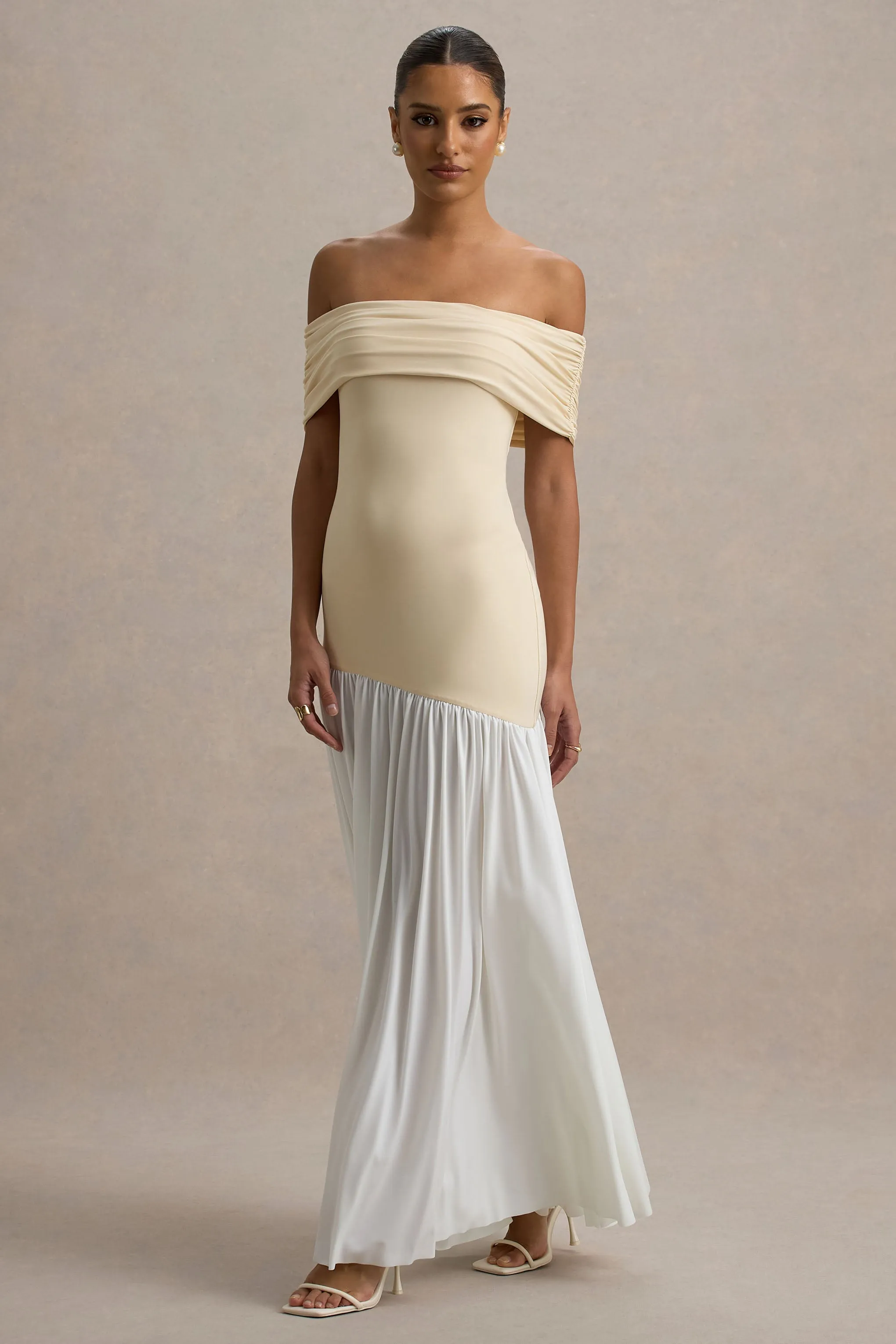 Venezia | Stone & White Bardot Puff-Skirt Maxi Dress sold by Club L London