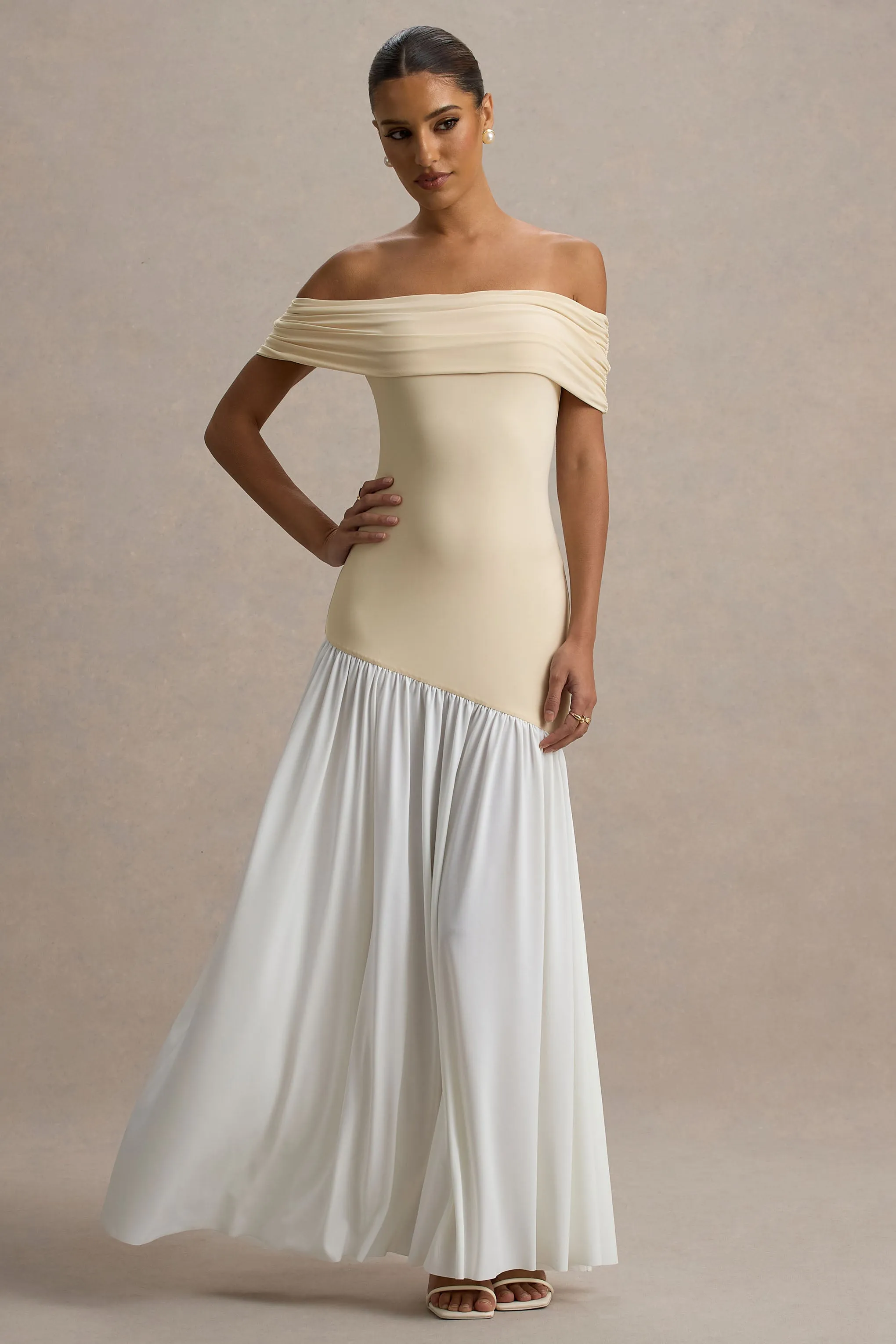 Venezia | Stone & White Bardot Puff-Skirt Maxi Dress sold by Club L London product image thumbnail 5