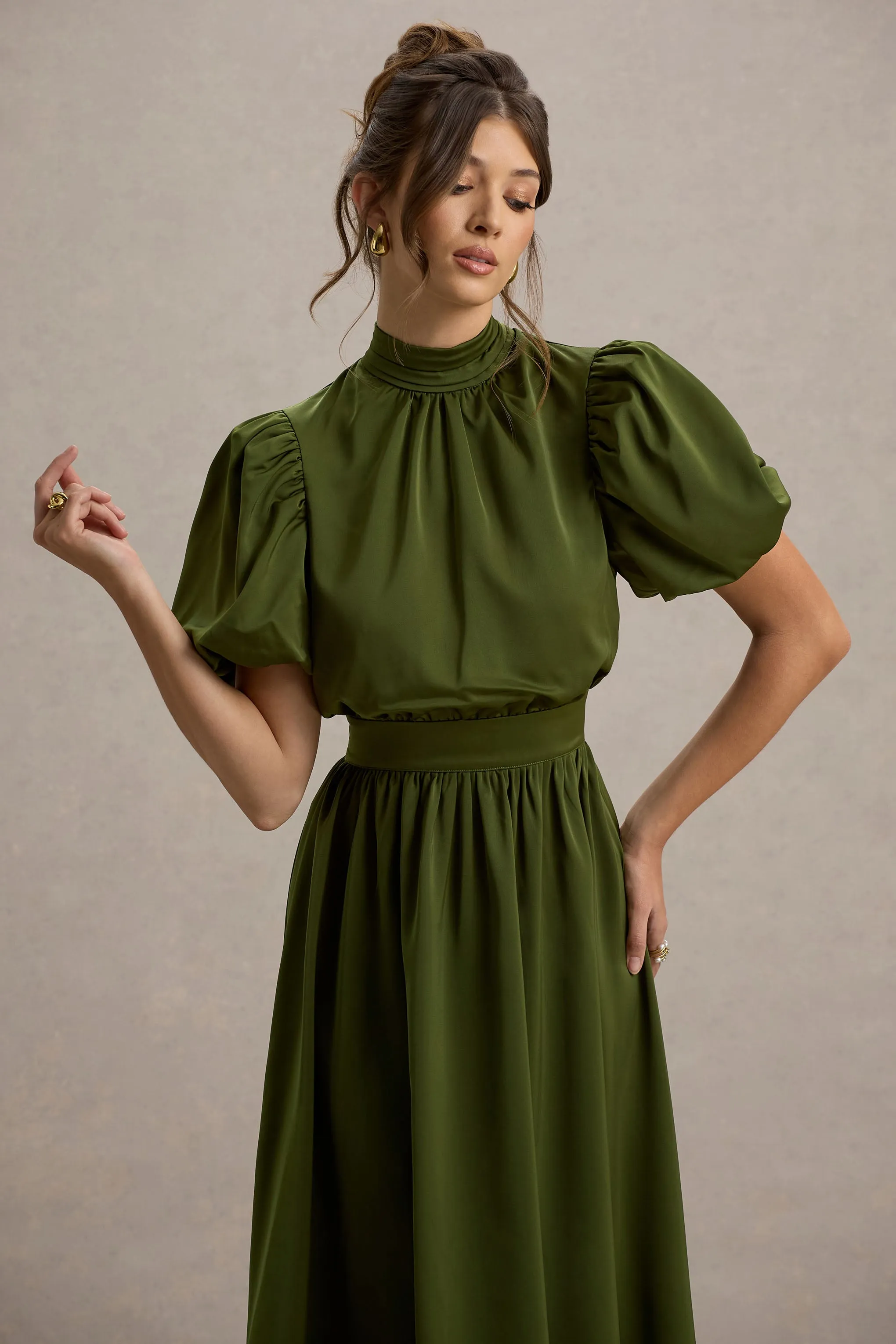 Persea | Olive Satin Puff-Sleeve Midi Dress With Bow sold by Club L London product image thumbnail 3