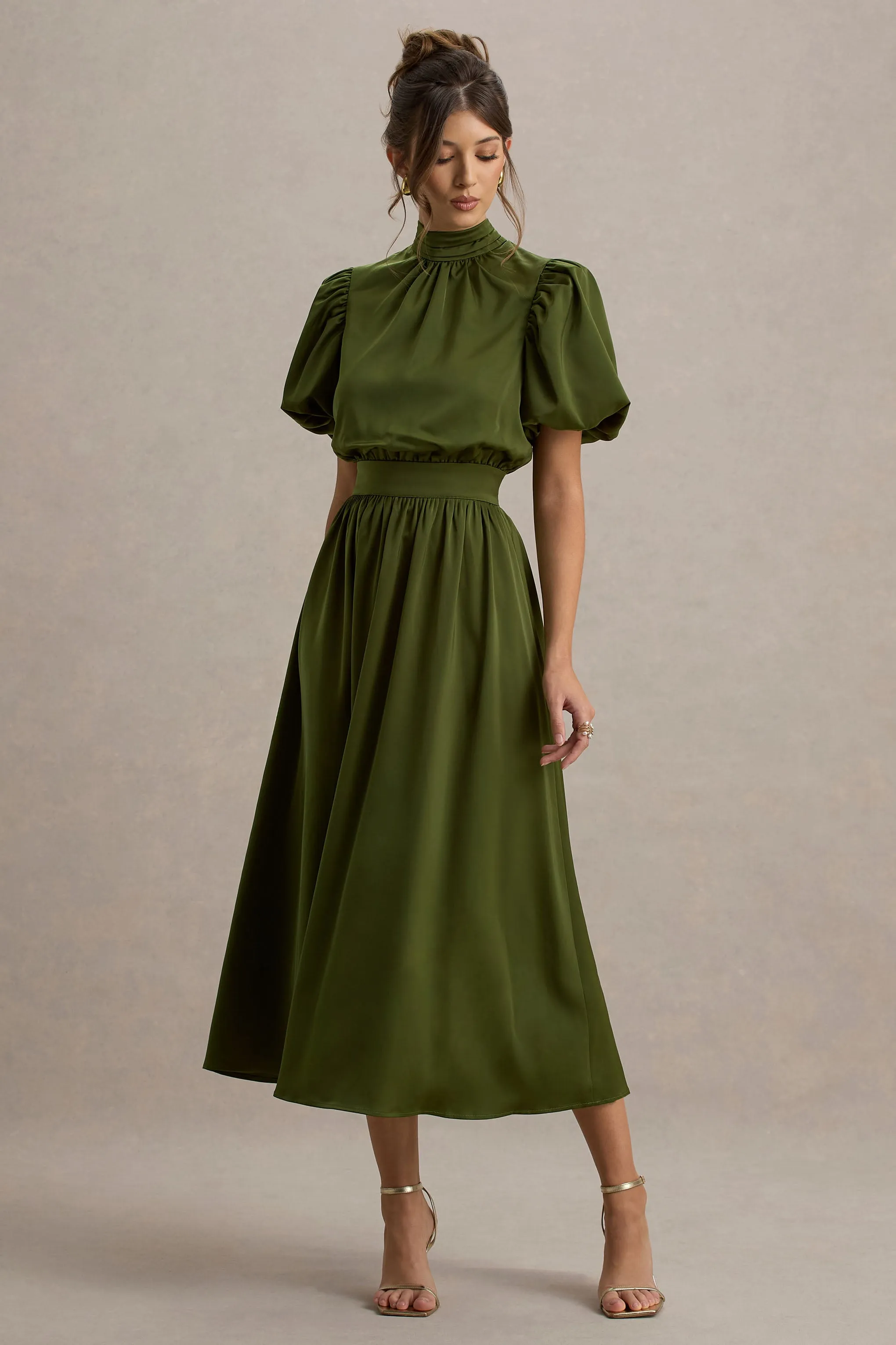 Persea | Olive Satin Puff-Sleeve Midi Dress With Bow sold by Club L London product image thumbnail 4