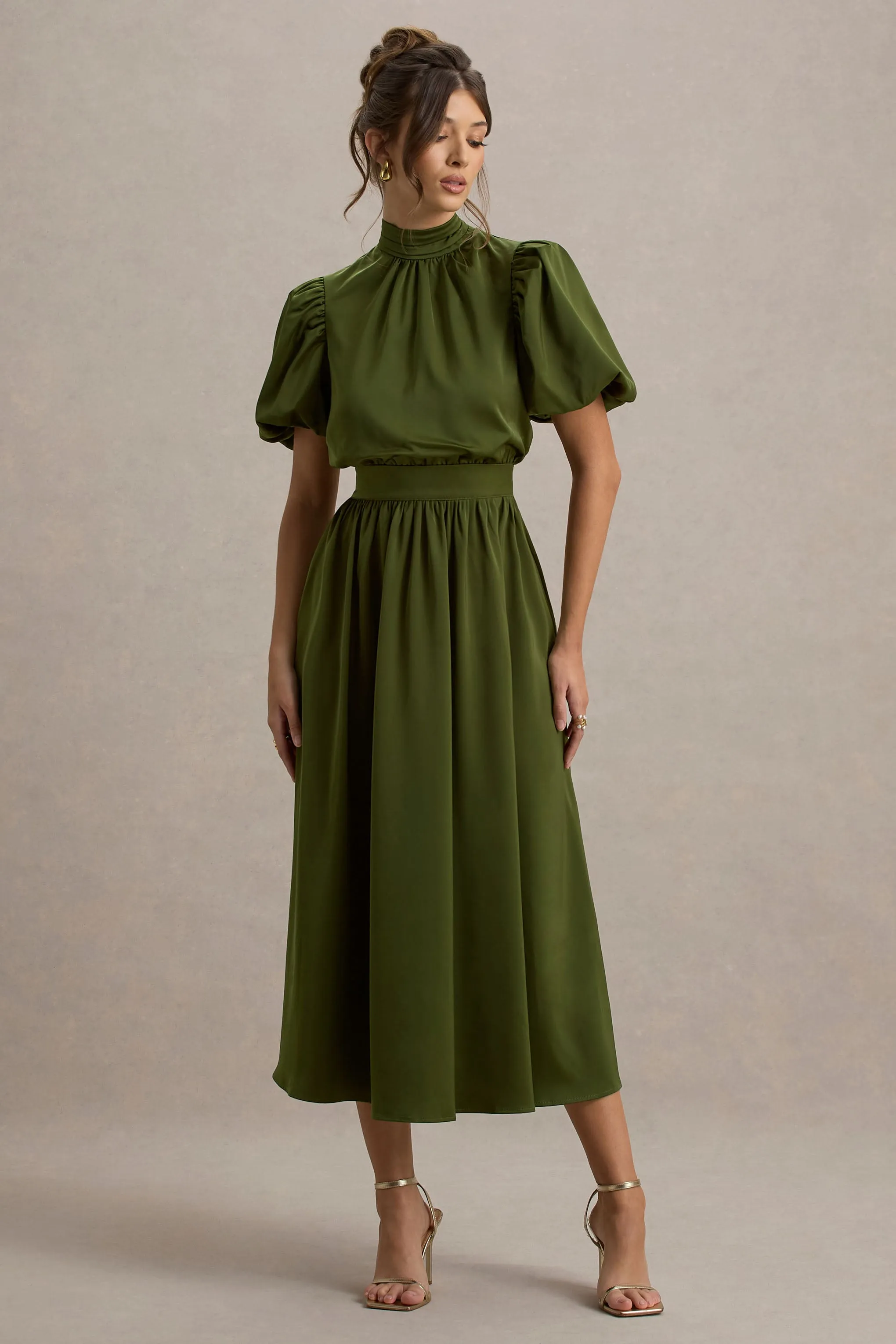 Persea | Olive Satin Puff-Sleeve Midi Dress With Bow sold by Club L London