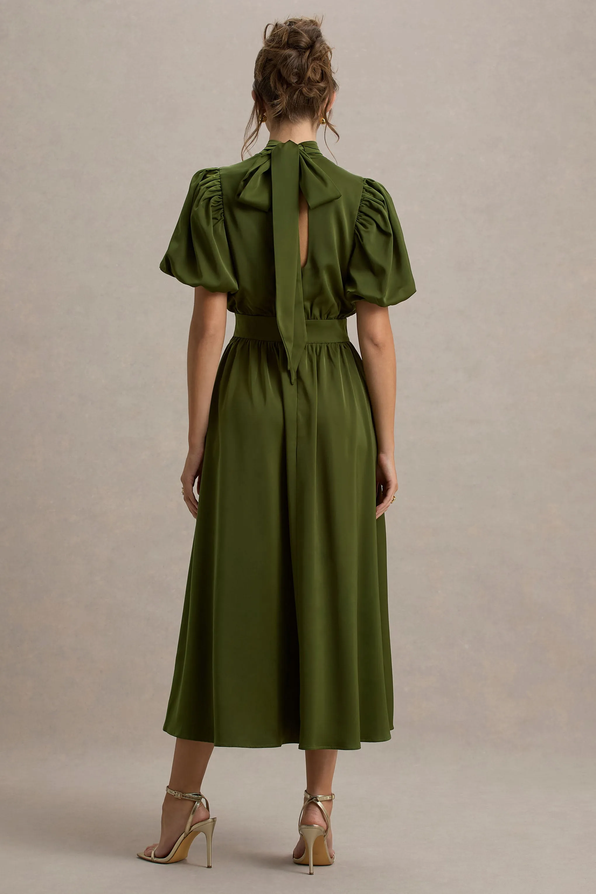 Persea | Olive Satin Puff-Sleeve Midi Dress With Bow sold by Club L London product image thumbnail 2