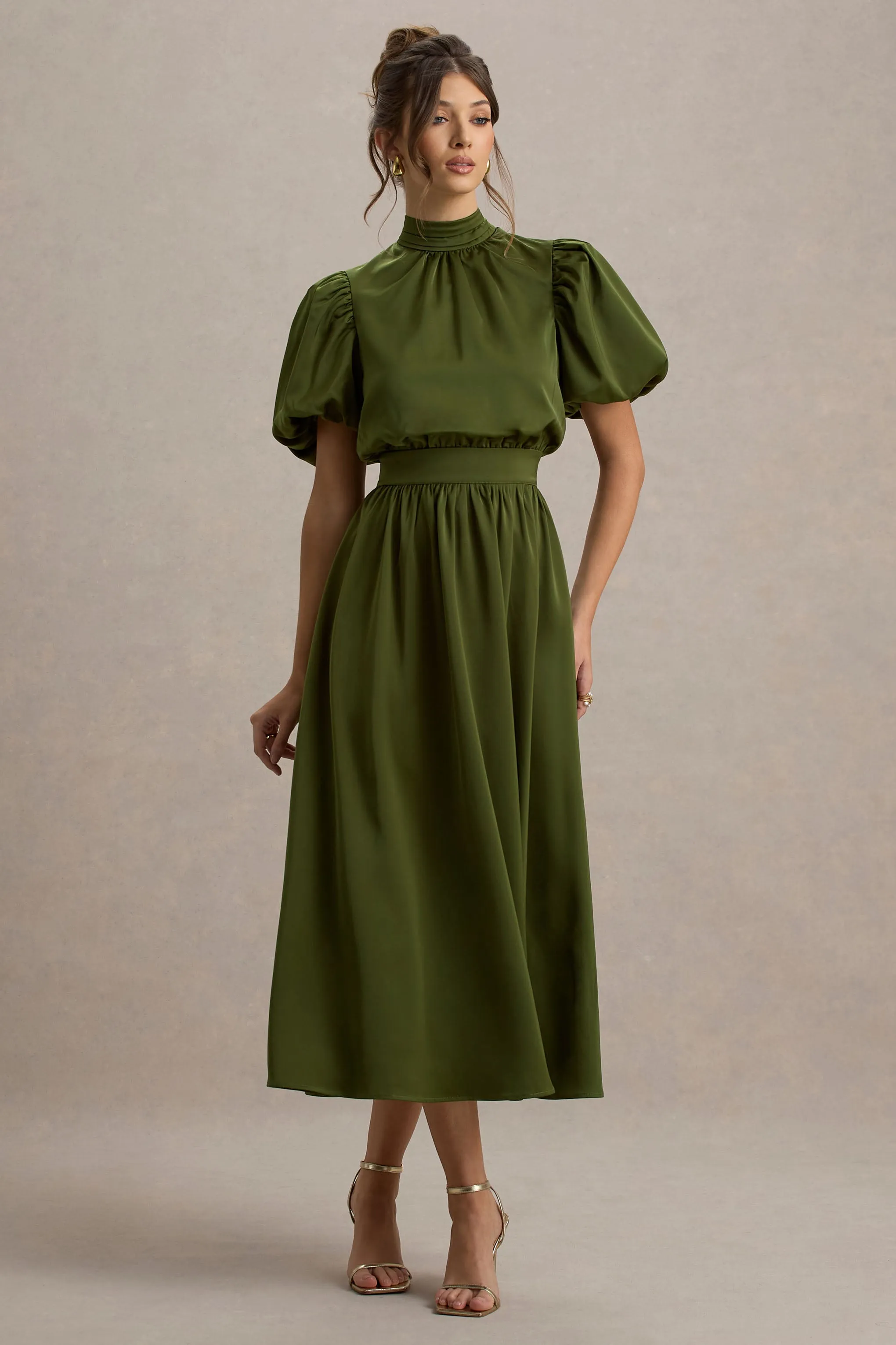 Persea | Olive Satin Puff-Sleeve Midi Dress With Bow sold by Club L London product image thumbnail 5