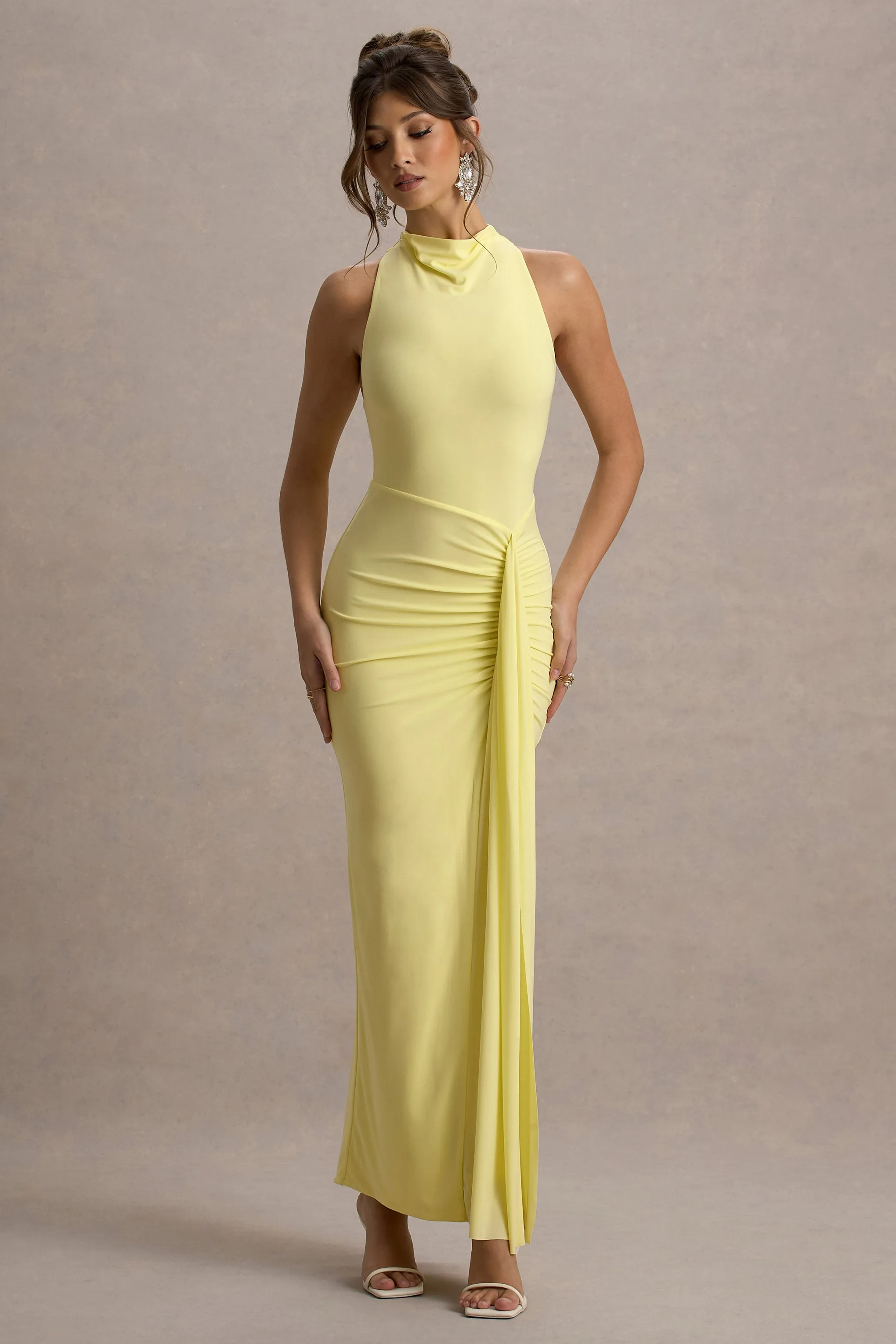 Sunflower | Lemon Ruched High-Neck Split Maxi Dress sold by Club L London product image thumbnail 4