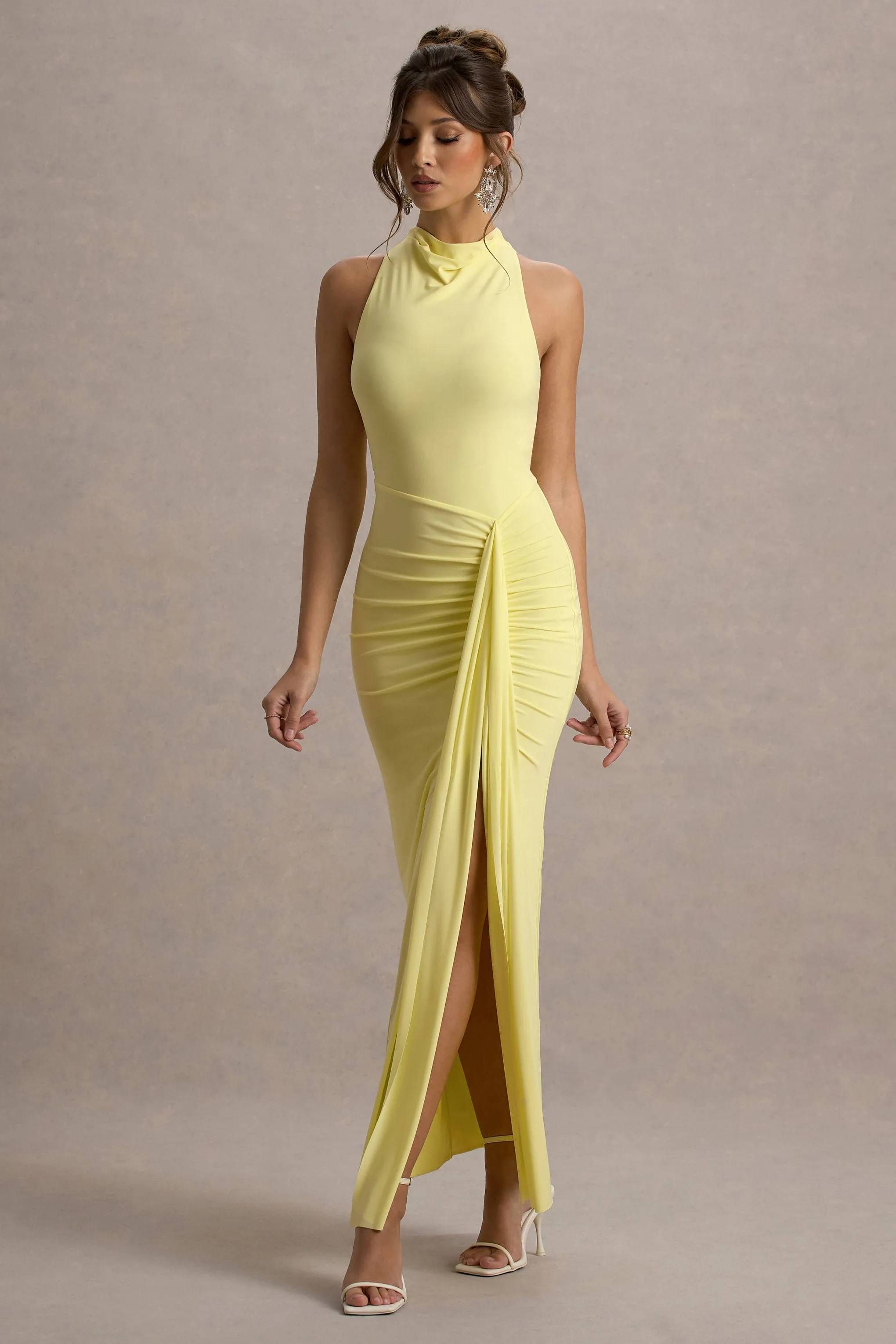 Sunflower | Lemon Ruched High-Neck Split Maxi Dress sold by Club L London product image thumbnail 5